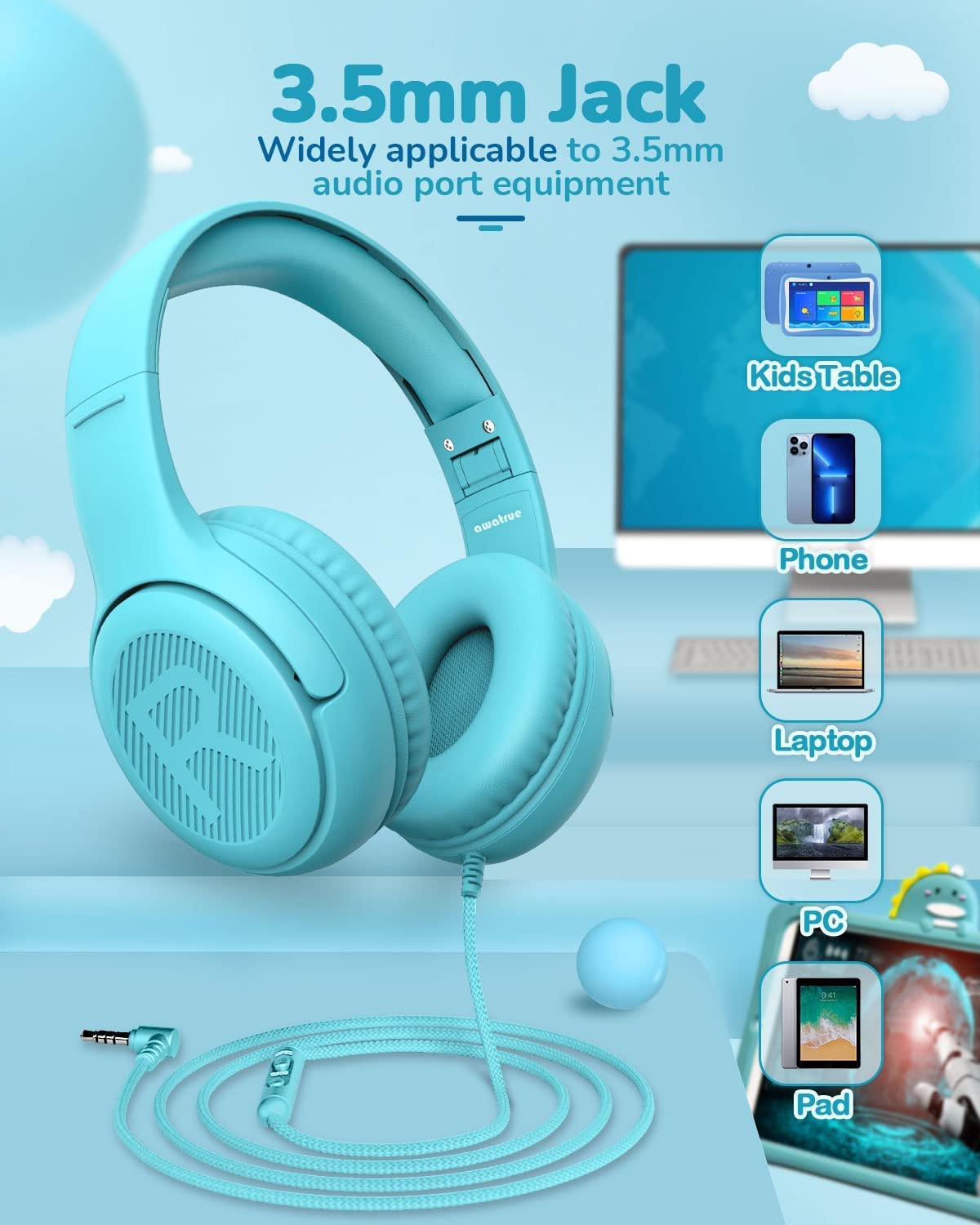 Foto 7 pulgar | Auriculares Awatrue At2 Para Niños Pequeños Con Cable, Límite De Volumen 85/94 Db - Venta Internacional.