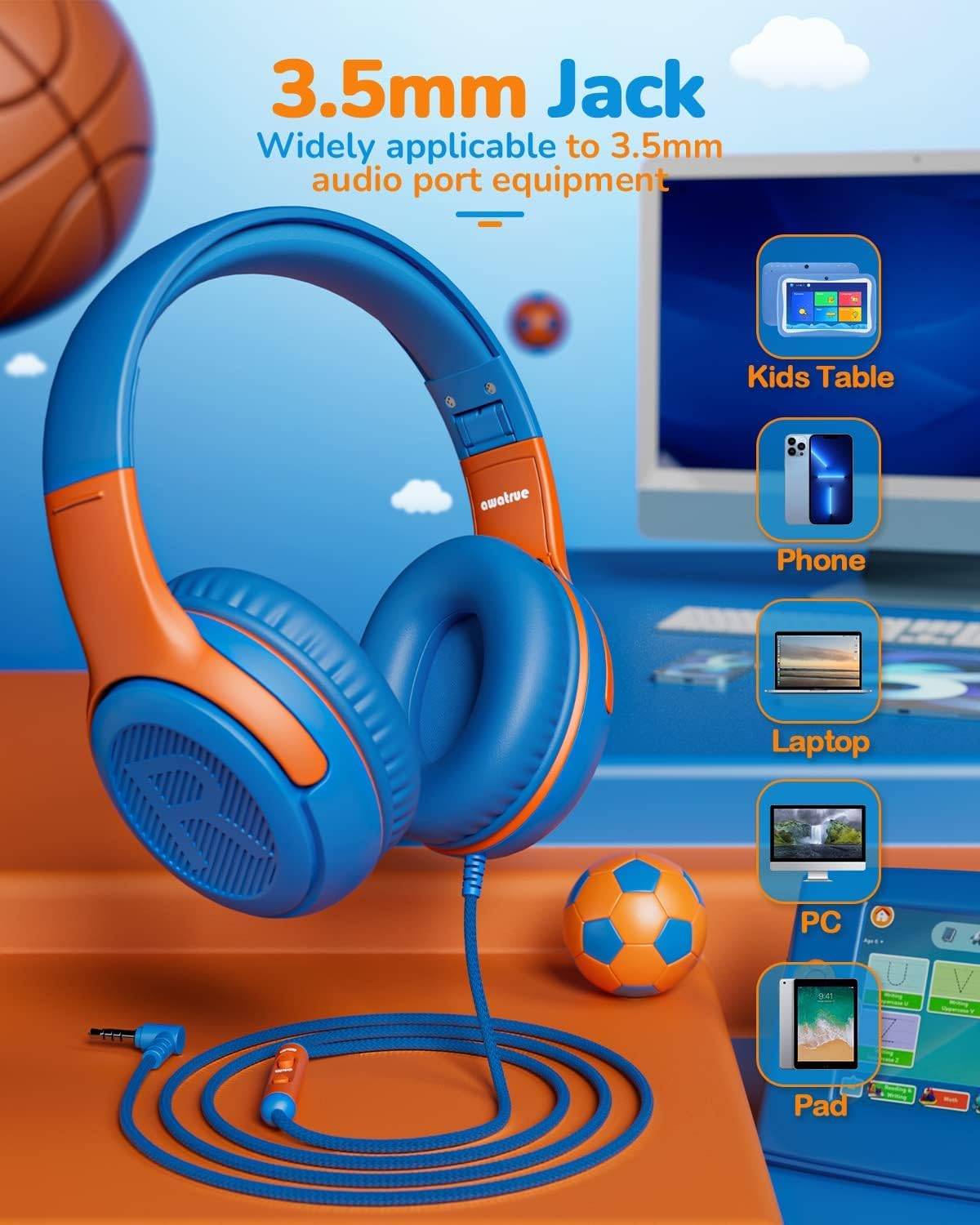 Foto 5 | Auriculares Awatrue Kids Con Cable Y Micrófono Con Límite De Volumen De 85/94 Db - Venta Internacional.