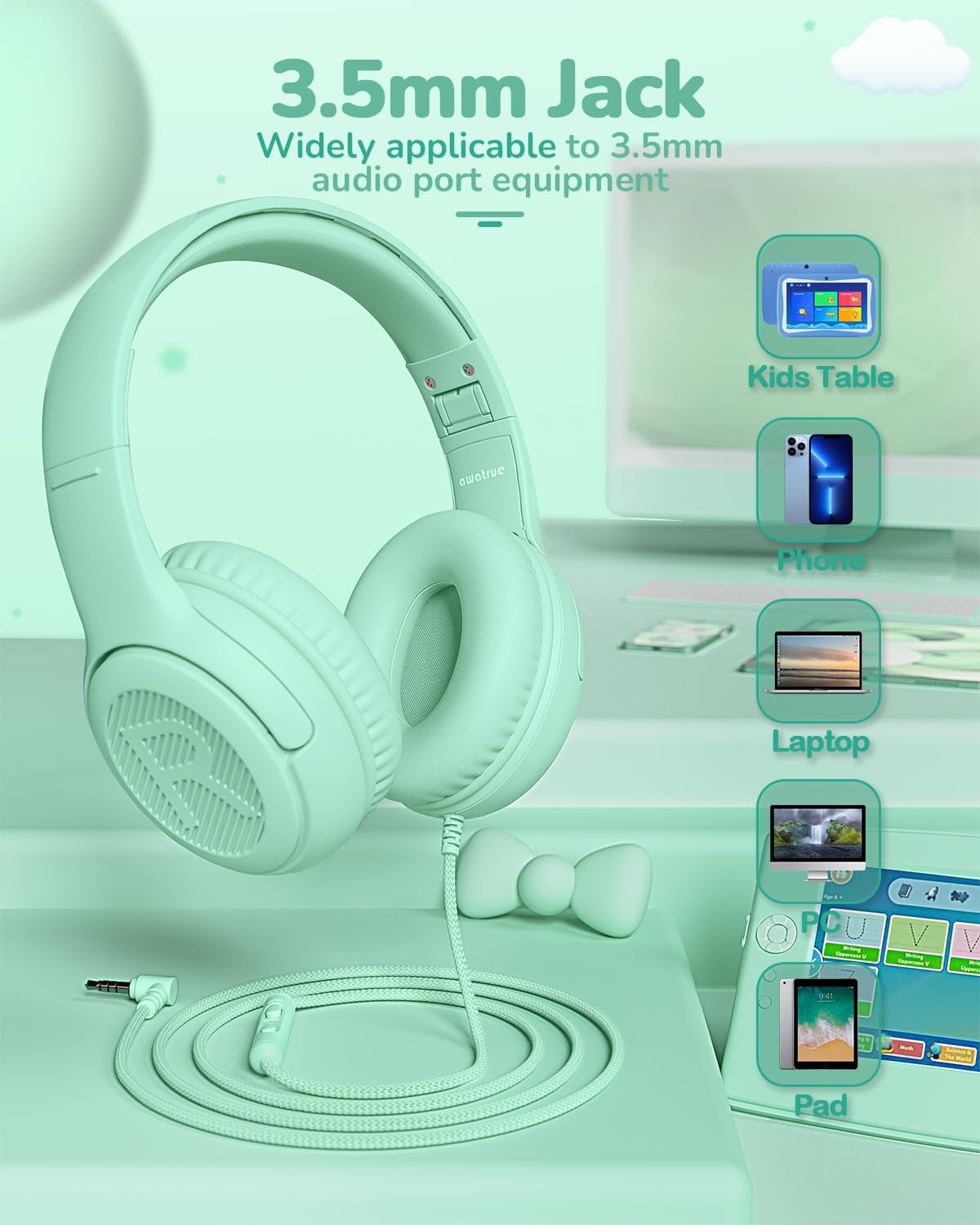 Foto 5 pulgar | Auriculares Awatrue At2 Para Niños Con Micrófono De Más De 3 Años, Color Verde - Venta Internacional.