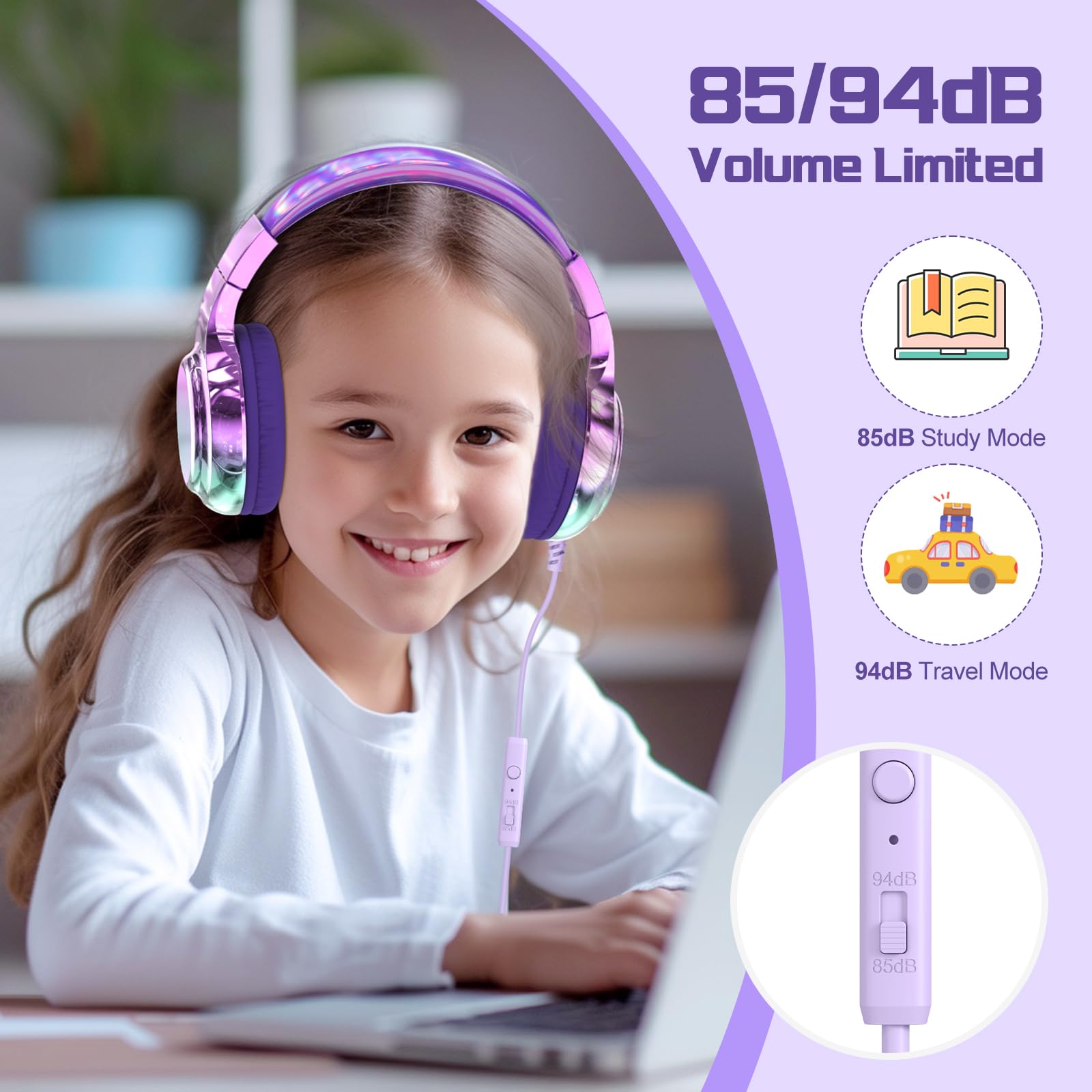 Foto 6 pulgar | Auriculares Qearfun Kids Con Micrófono Y Límite De Volumen Deep Purple - Venta Internacional.