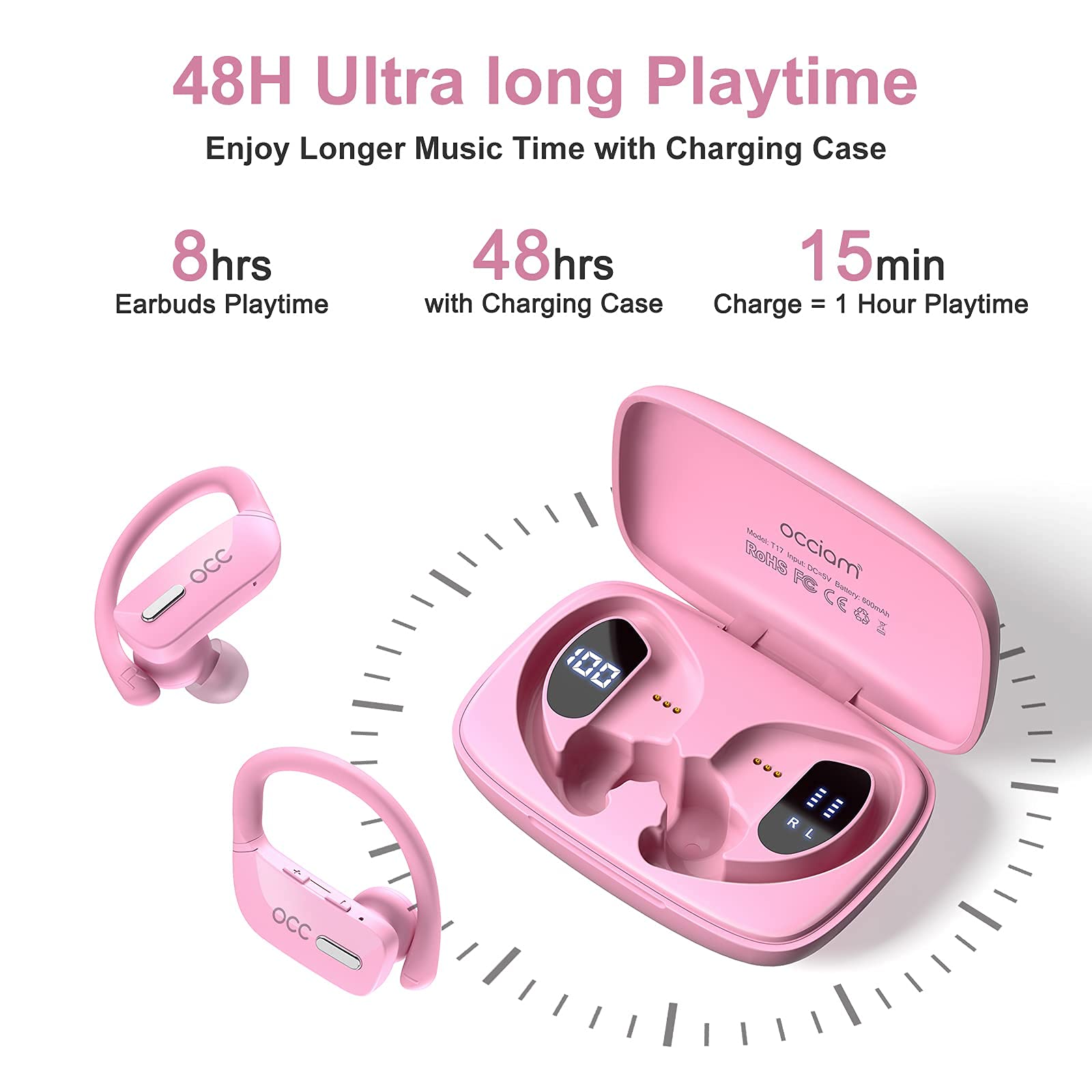 Foto 4 pulgar | Auriculares Inalámbricos Occiam T17 Bluetooth 48h Play Back Rosa - Venta Internacional.