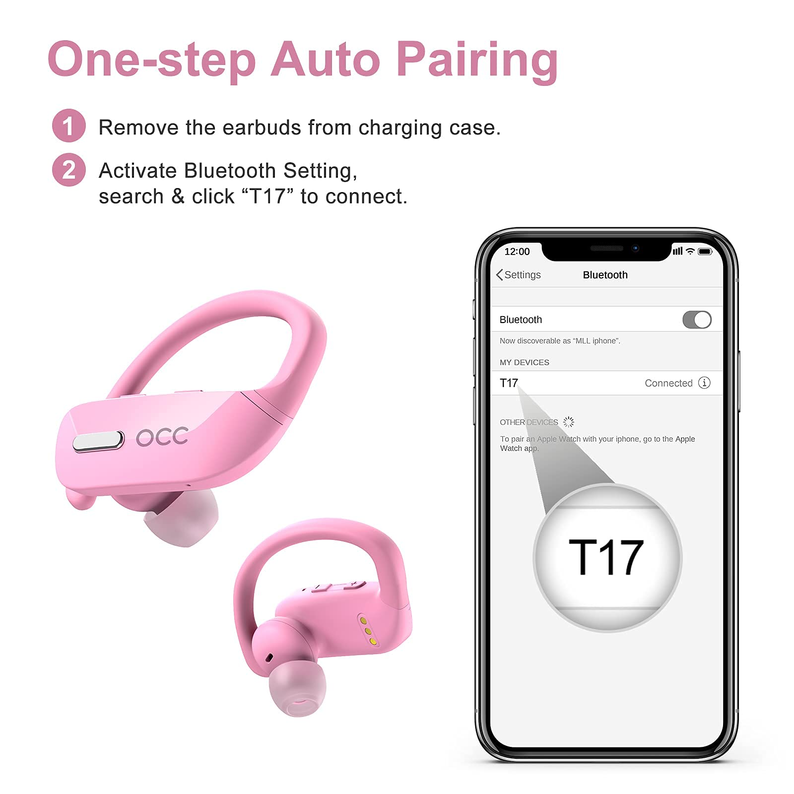 Foto 5 pulgar | Auriculares Inalámbricos Occiam T17 Bluetooth 48h Play Back Rosa - Venta Internacional.