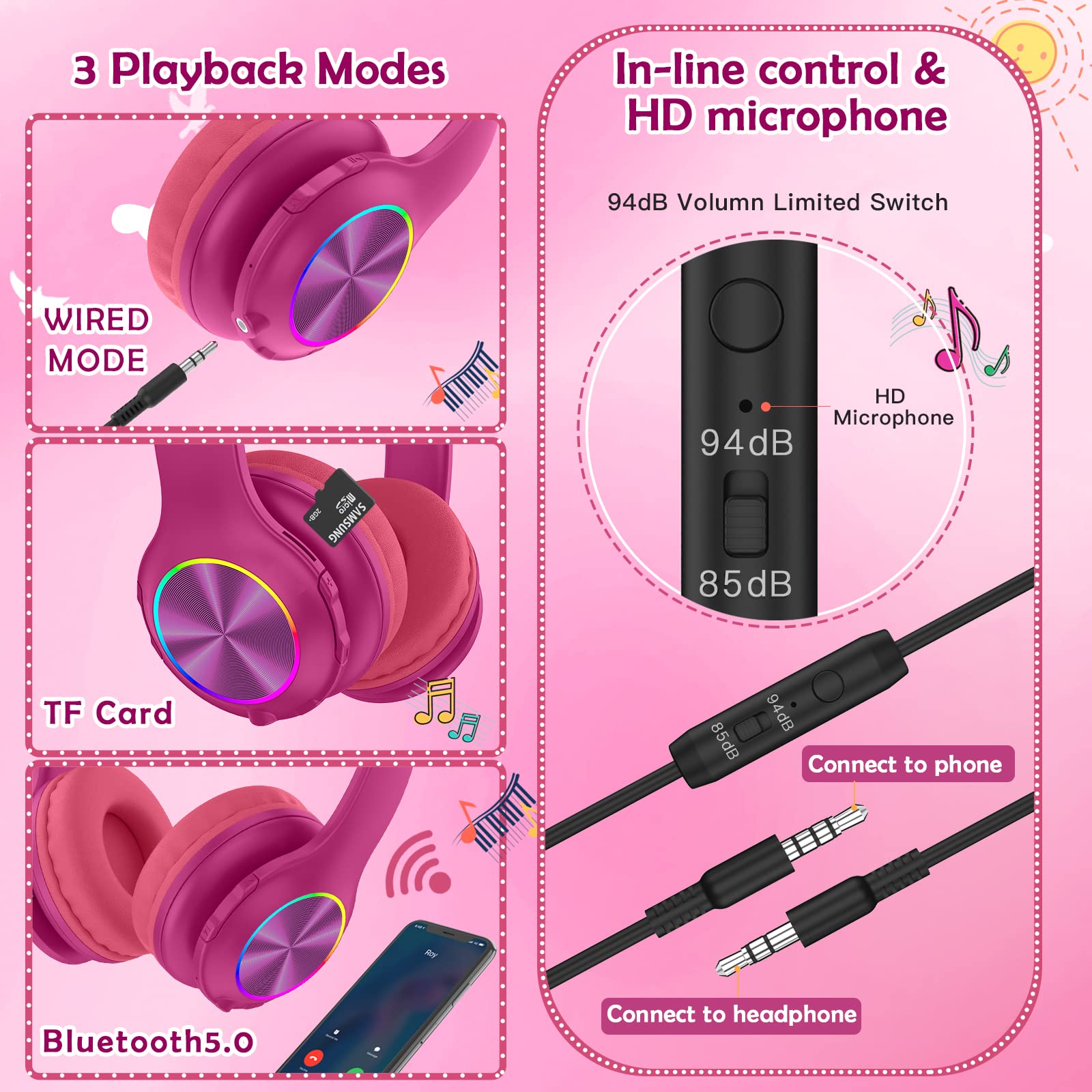 Foto 6 pulgar | Auriculares Inalámbricos Para Niños Candy Bila Cb01 Con Micrófono Y Luces Led - Venta Internacional.