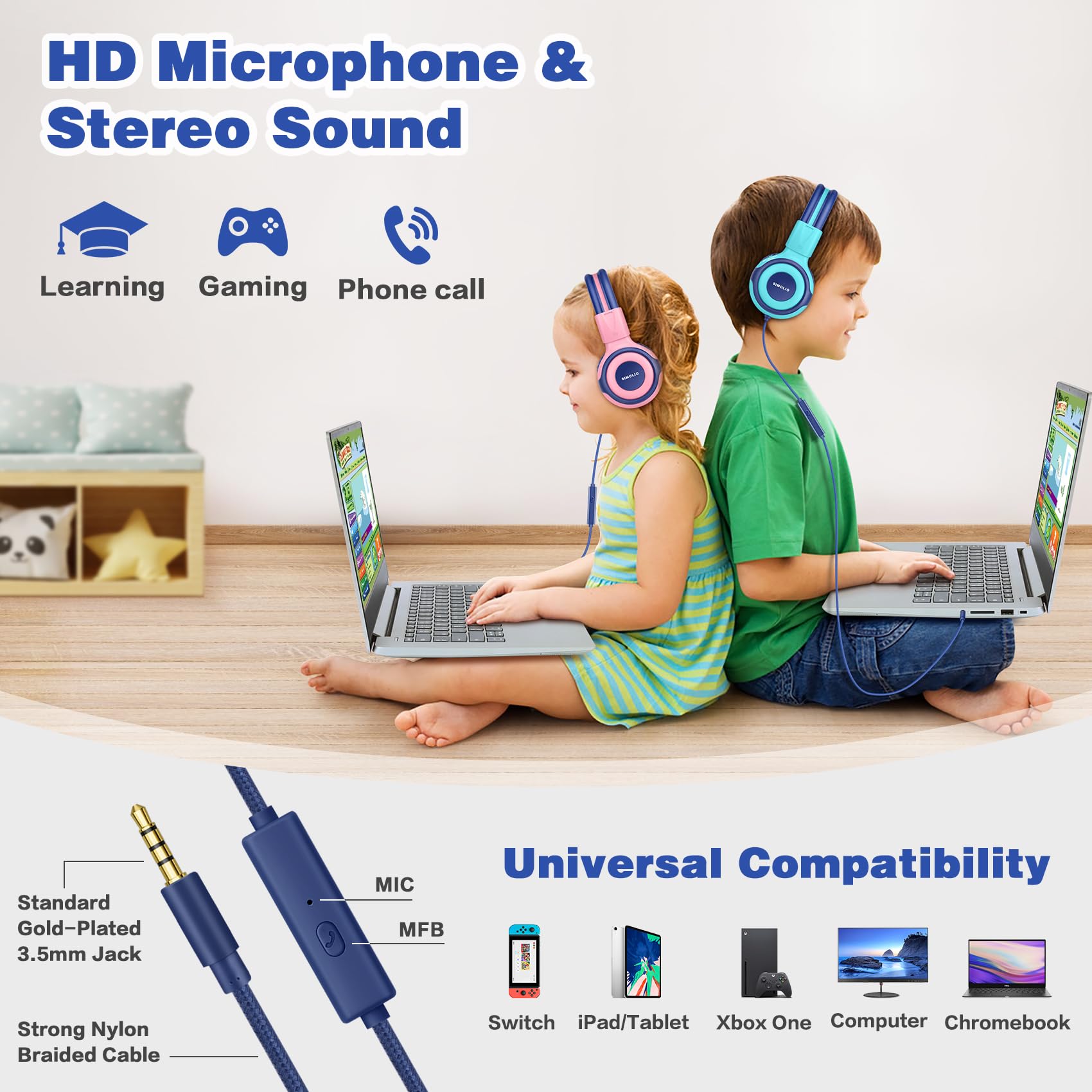 Foto 6 pulgar | Auriculares Simolio Para Niños, Volumen Limitado, Con Cable Y Micrófono - Venta Internacional.