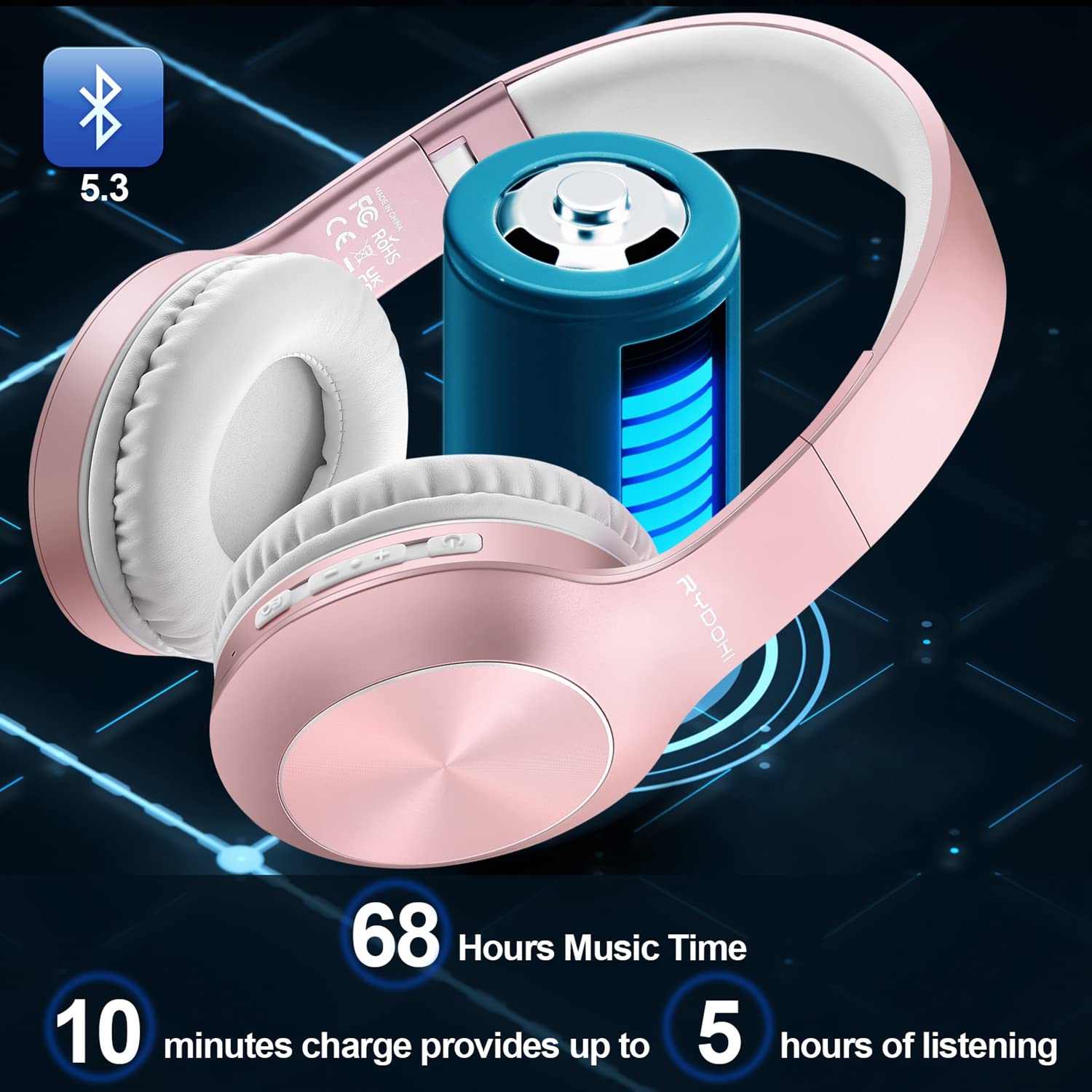 Foto 3 pulgar | Auriculares Bluetooth Rydohi Over Ear 68h Playtime Rose Gold - Venta Internacional.