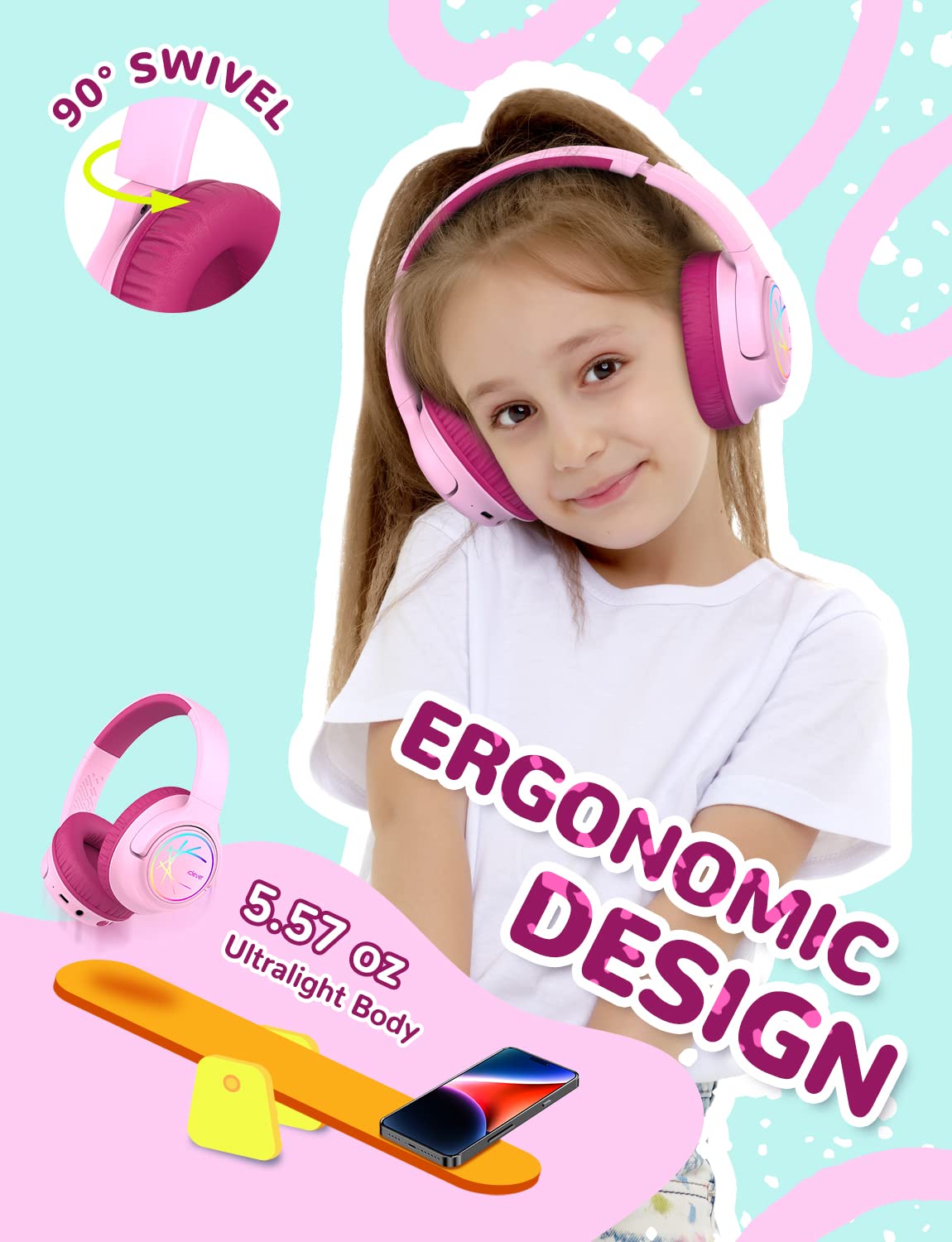 Foto 6 pulgar | Auriculares Bluetooth Iclever Bth18 Para Niños Con Luces Led Rosas - Venta Internacional.