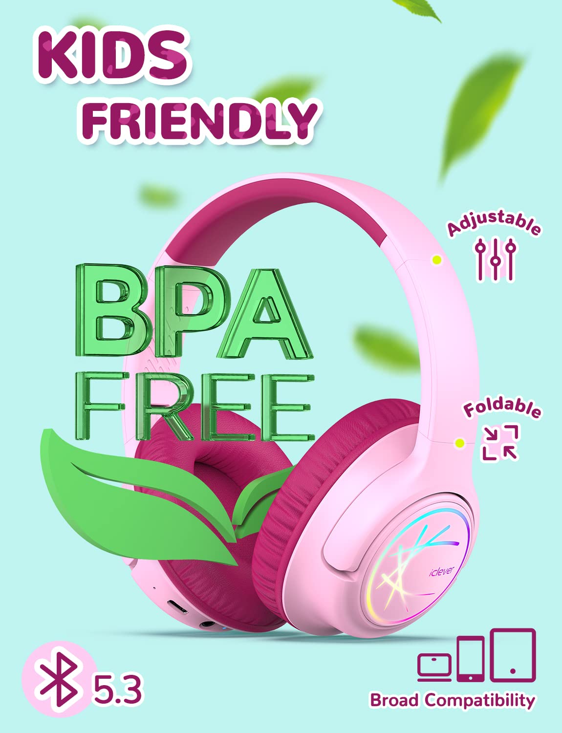 Foto 7 pulgar | Auriculares Bluetooth Iclever Bth18 Para Niños Con Luces Led Rosas - Venta Internacional.