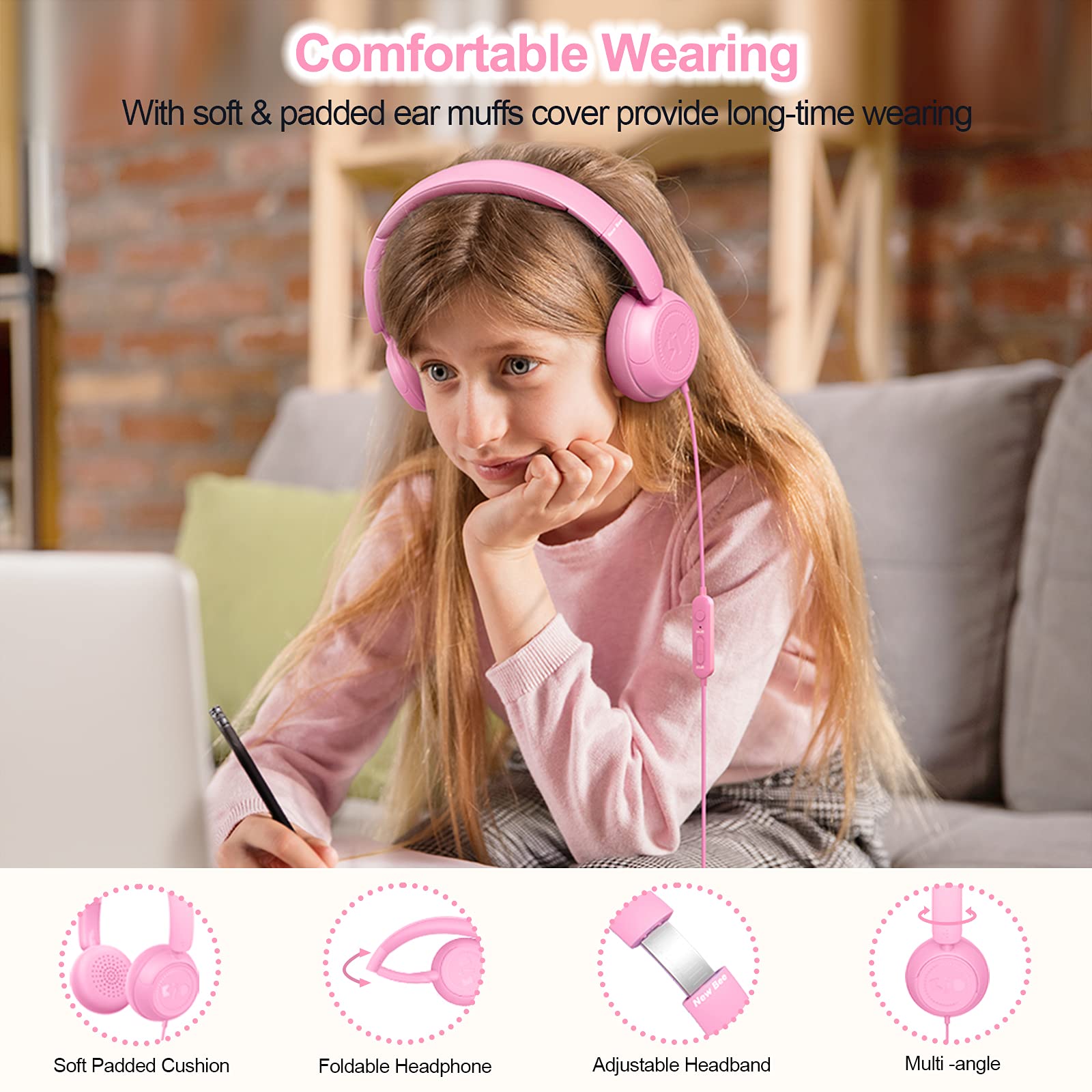 Foto 4 pulgar | Auriculares New Bee Kh18 Kids Con Micrófono Con Límite De Volumen, Color Rosa - Venta Internacional.