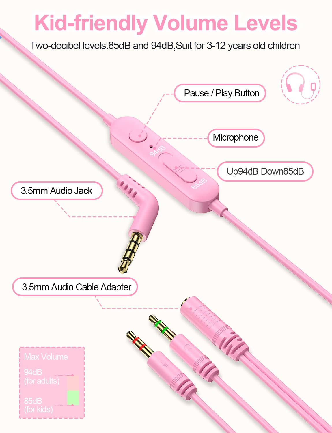 Foto 5 pulgar | Auriculares New Bee Kh18 Kids Con Micrófono Con Límite De Volumen, Color Rosa - Venta Internacional.