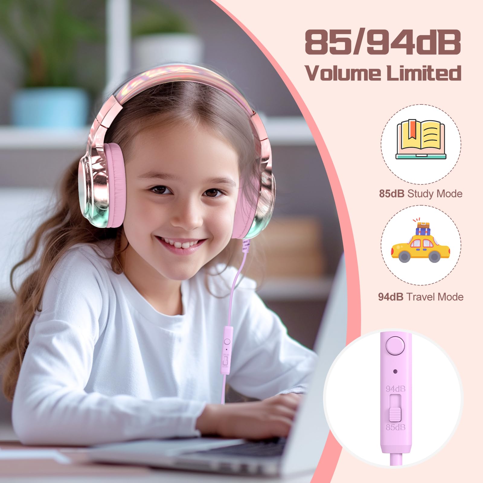 Foto 6 pulgar | Auriculares Qearfun Kids Con Límite De Volumen De Micrófono Pink Aurora - Venta Internacional.