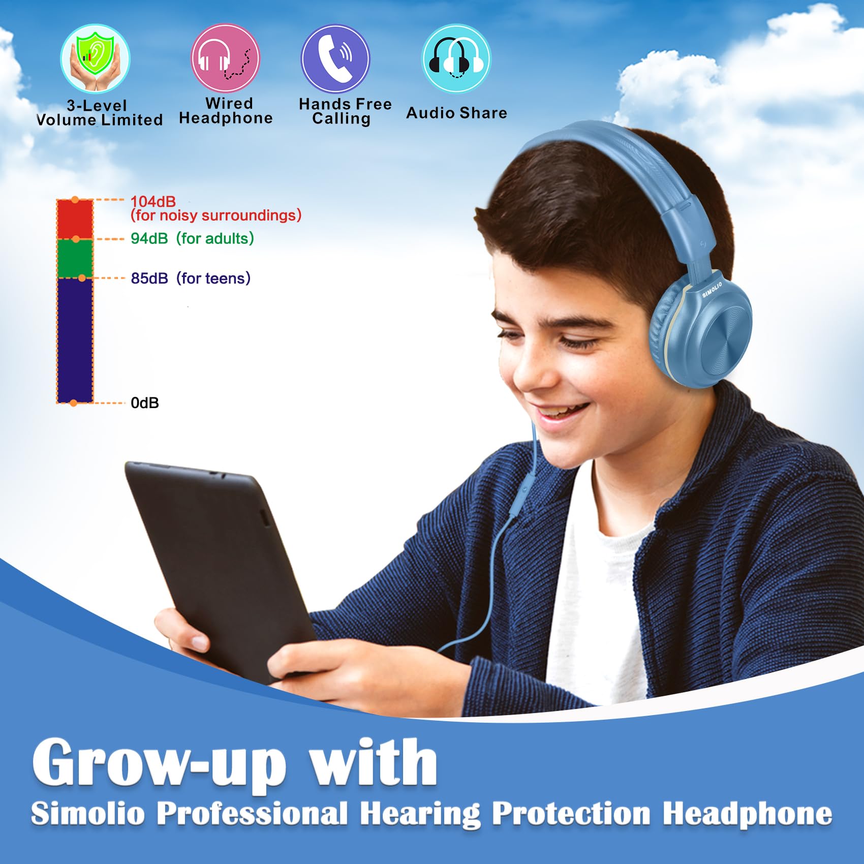 Foto 5 pulgar | Auriculares Simolio Kids Con Cable Y Micrófono, Volumen Limitado De 85 A 104 Db - Venta Internacional.