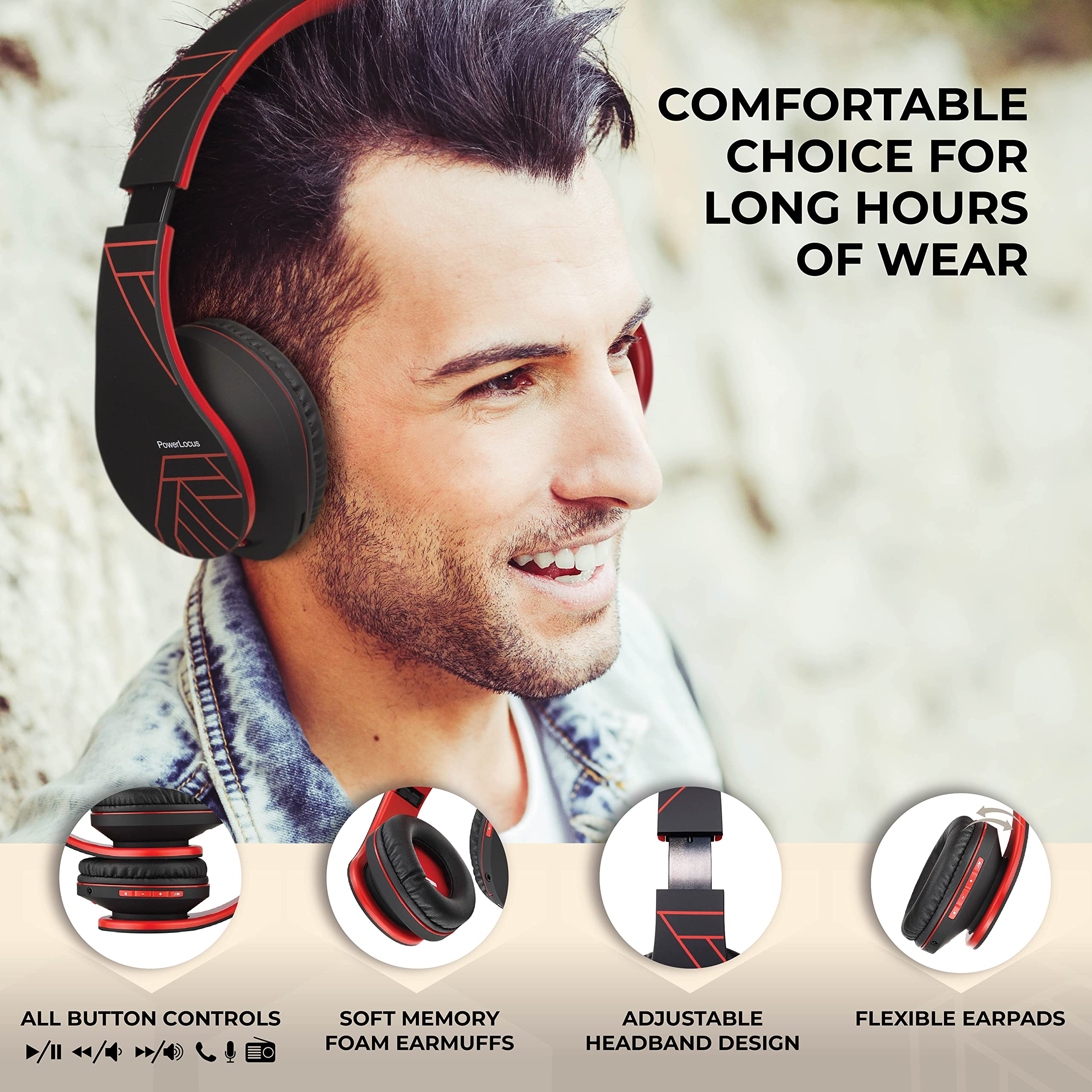 Foto 3 pulgar | Auriculares Supraaurales Bluetooth Powerlocus Inalámbricos Negro/rojo - Venta Internacional.