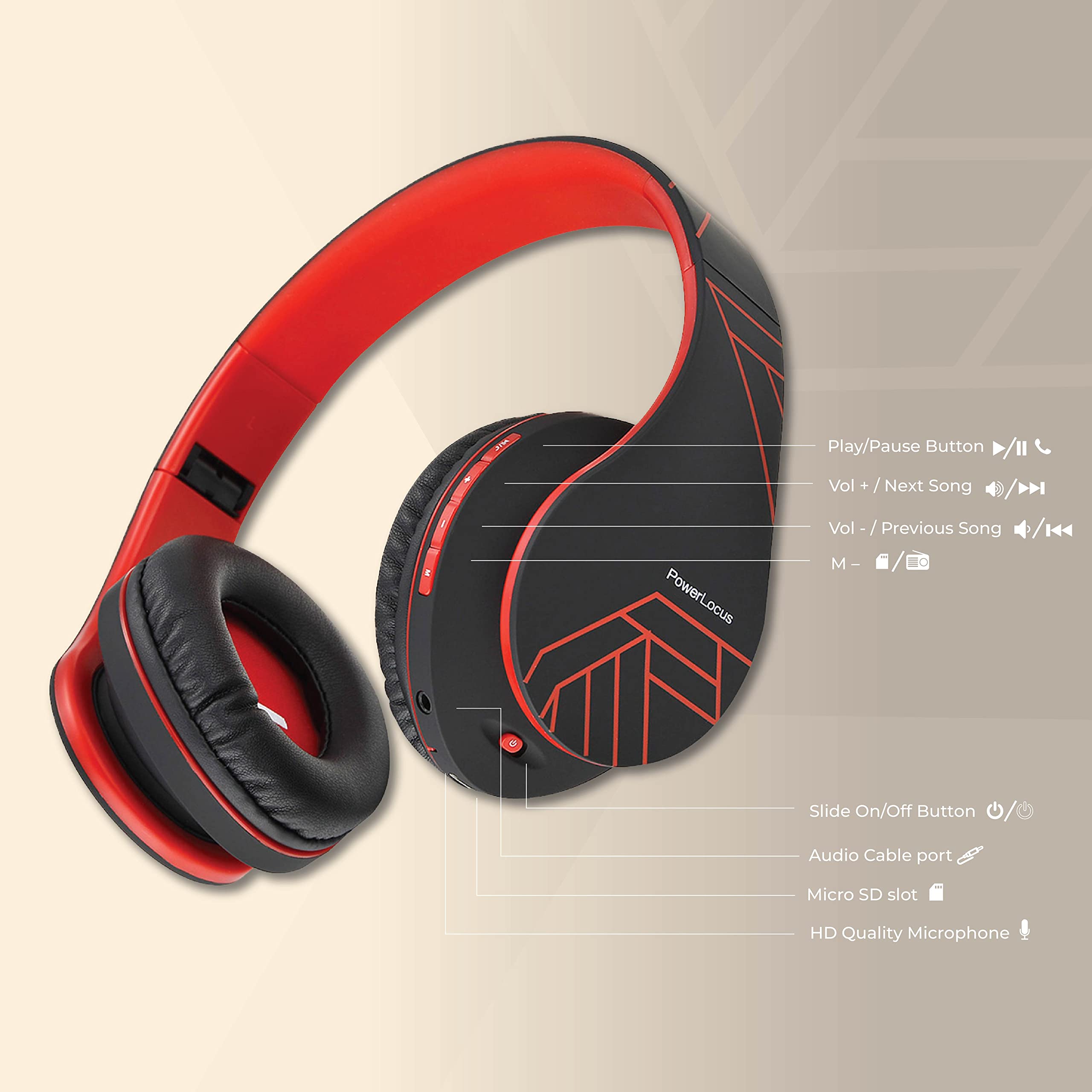 Foto 6 pulgar | Auriculares Supraaurales Bluetooth Powerlocus Inalámbricos Negro/rojo - Venta Internacional.