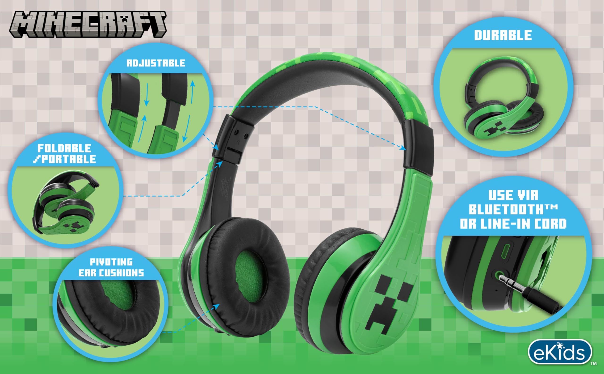 Foto 5 pulgar | Auriculares Bluetooth Ekids Minecraft Kids Con Micrófono - Venta Internacional.