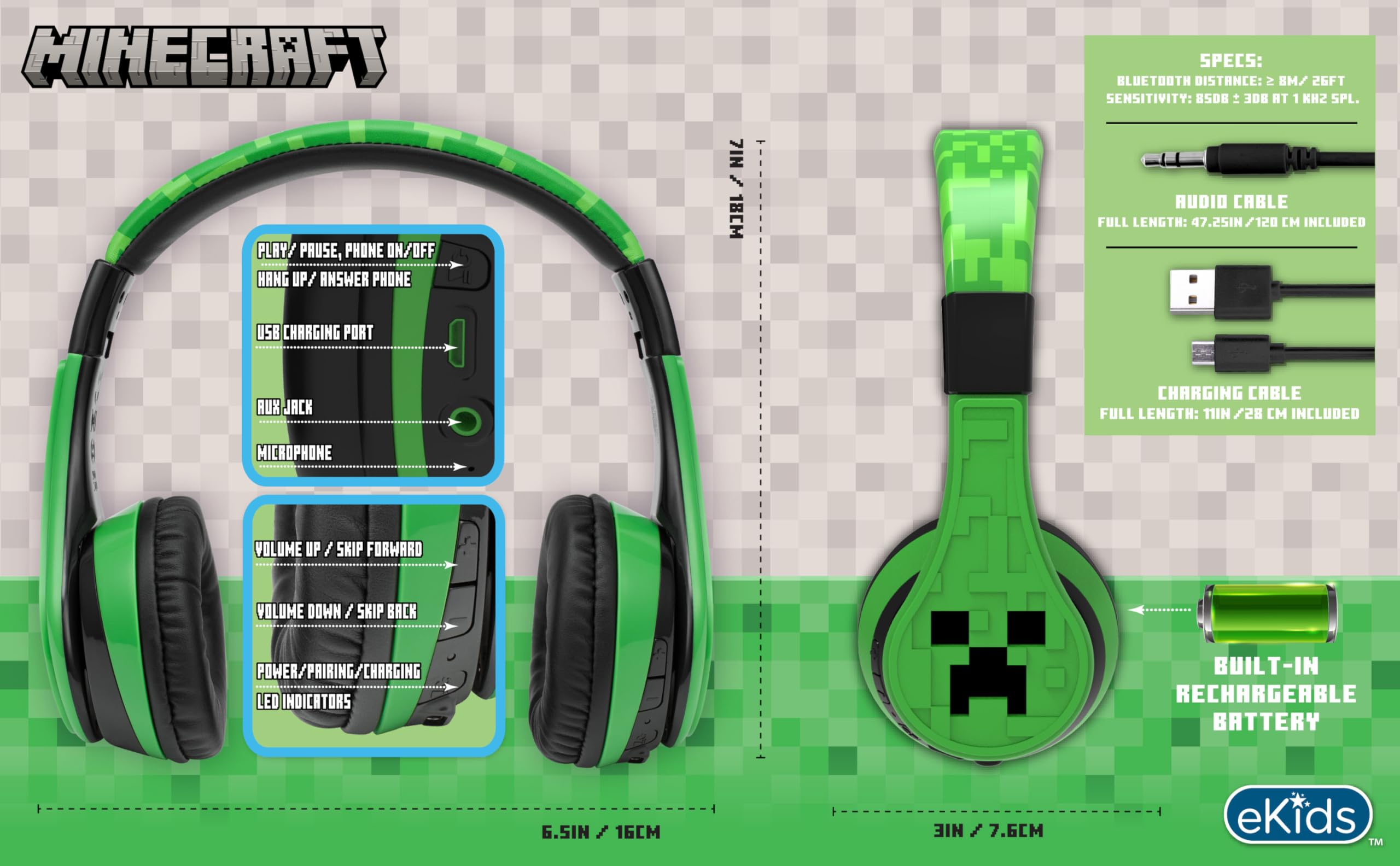 Foto 7 pulgar | Auriculares Bluetooth Ekids Minecraft Kids Con Micrófono - Venta Internacional.