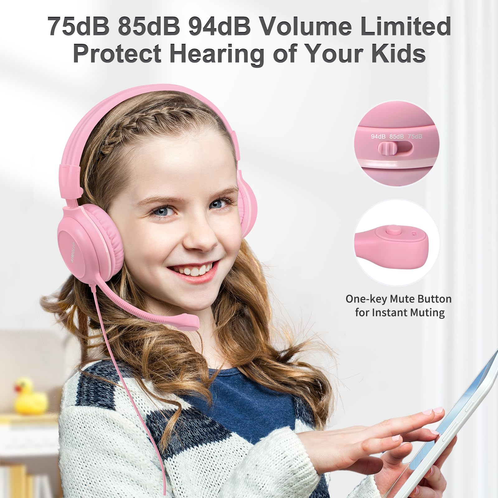 Foto 3 | Auriculares Simolio Kids Con Micrófono 75/85/94 Db Rosa - Venta Internacional.