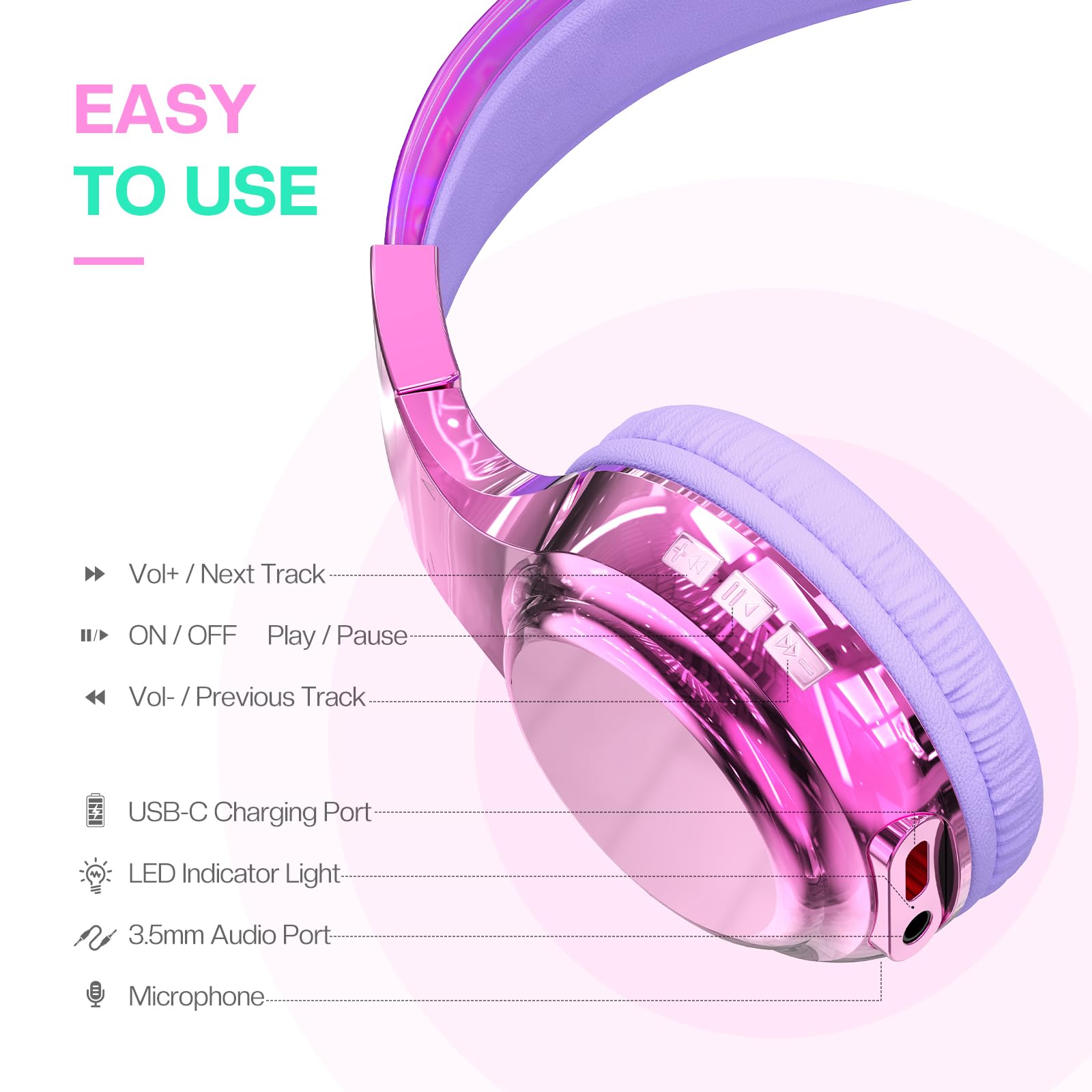Foto 7 pulgar | Auriculares Bluetooth Qearfun Para Niños Con Micrófono Y Cable Auxiliar - Venta Internacional.