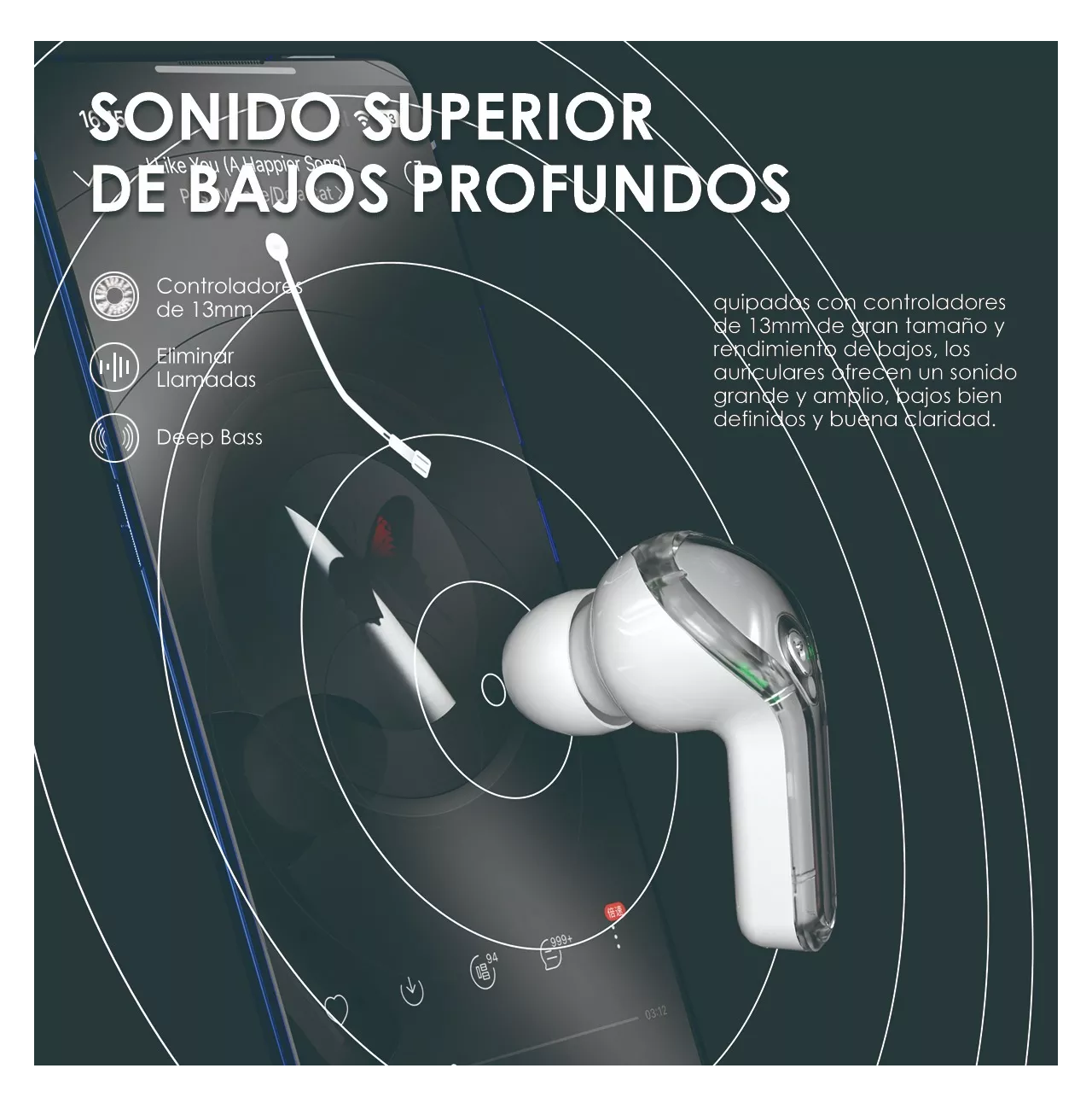 Foto 6 pulgar | Auriculares In-ear Inalámbricos Bluetooth Cristal Con Led Transparente Blanco