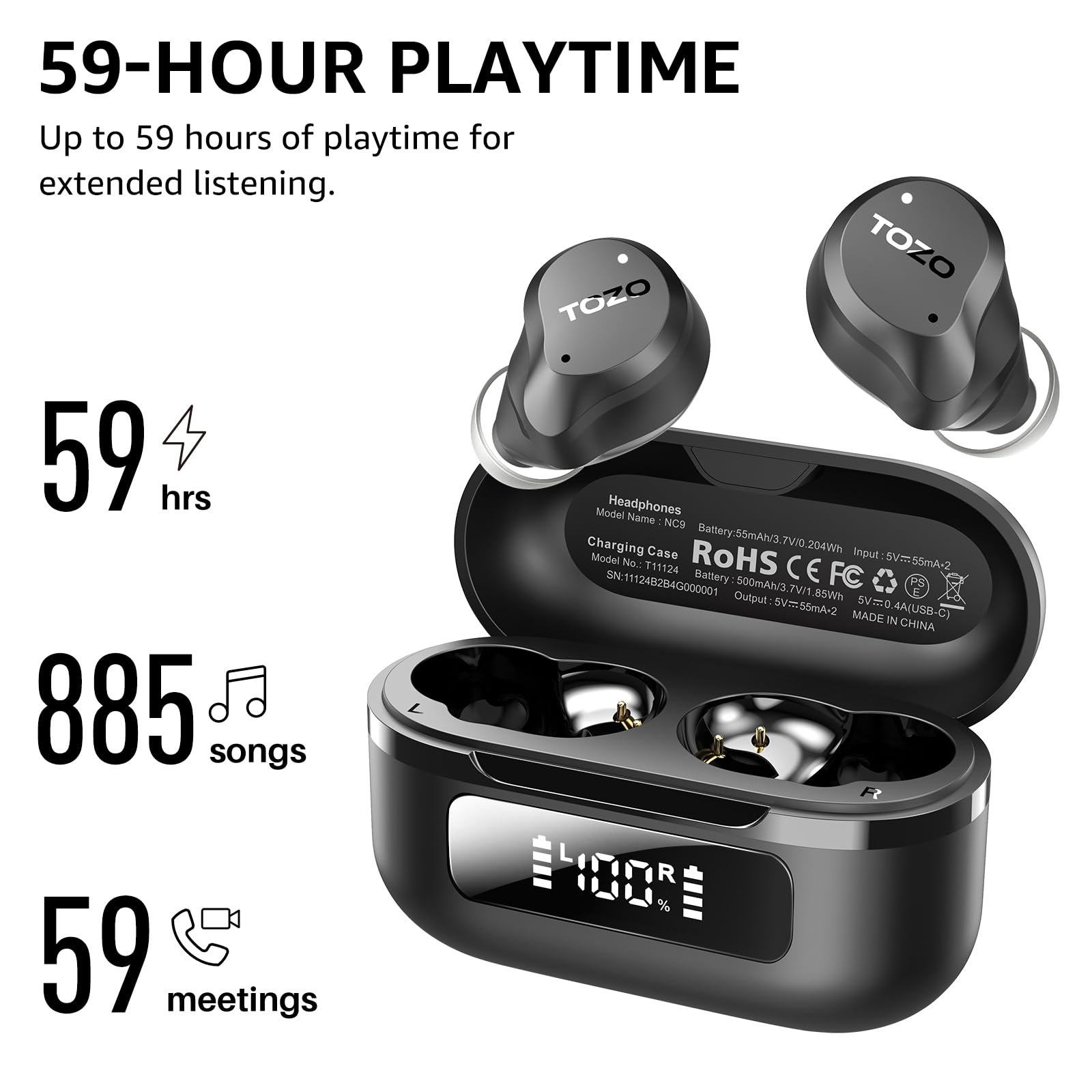 Foto 6 pulgar | Auriculares Inalámbricos Tozo Hybrid Con Cancelación Activa De Ruido, 59 Horas De Reproducción - Venta Internacional.