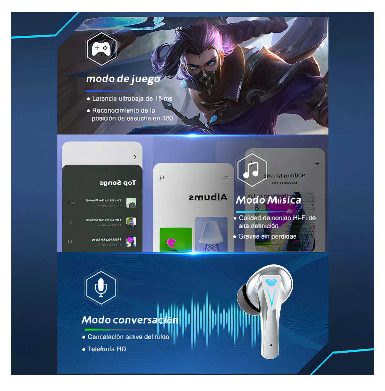 Foto 5 pulgar | Audifonos Sp23 In-ear Gamer Inalambricos Bluetooth Plata
