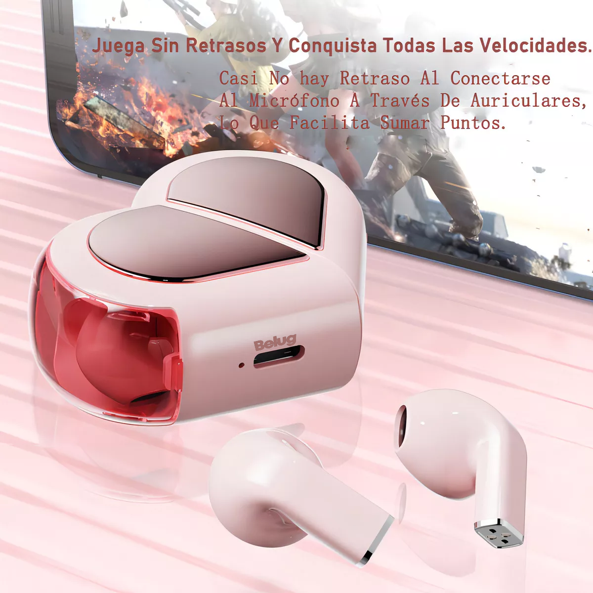 Foto 4 pulgar | Audífonos Bmani Auriculares Bluetooth Inalámbricos Corazón Rosa Belug