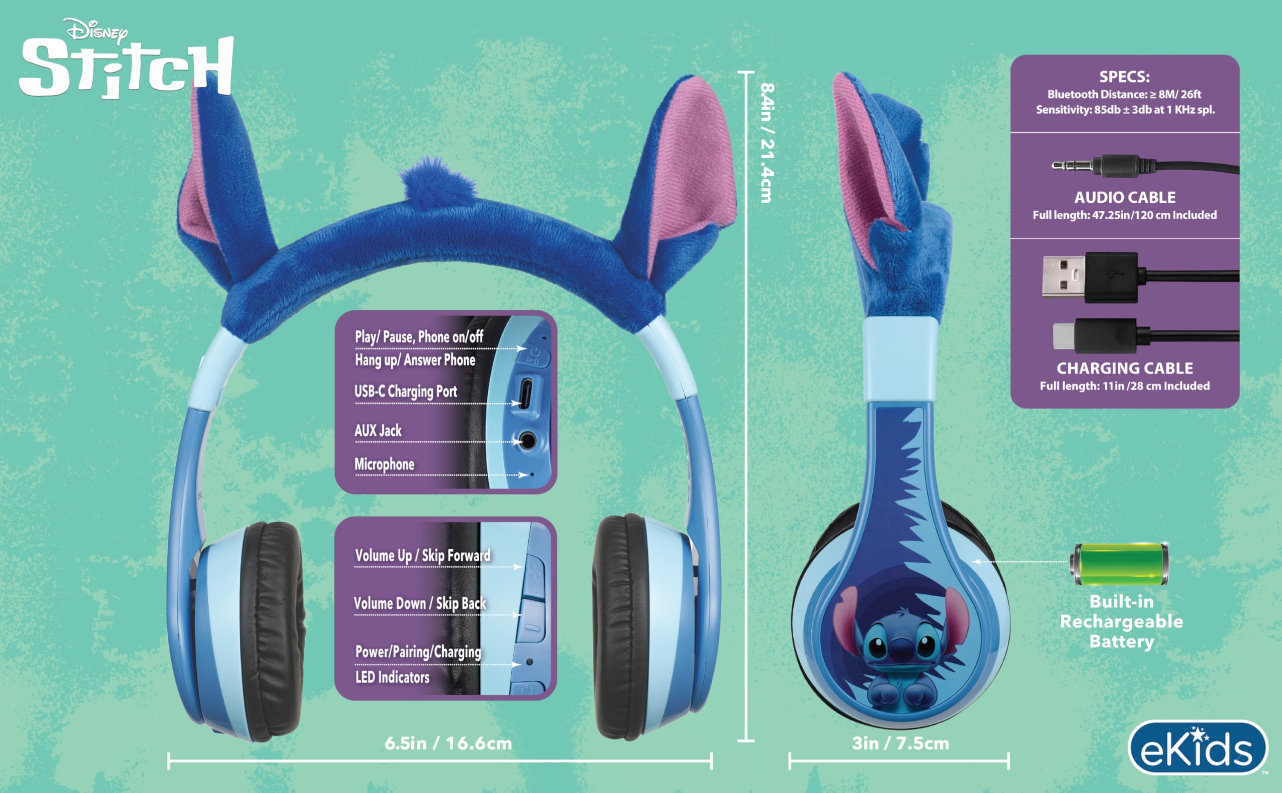 Foto 5 pulgar | Auriculares Bluetooth Ekids Disney Stitch Con Micrófono - Venta Internacional.