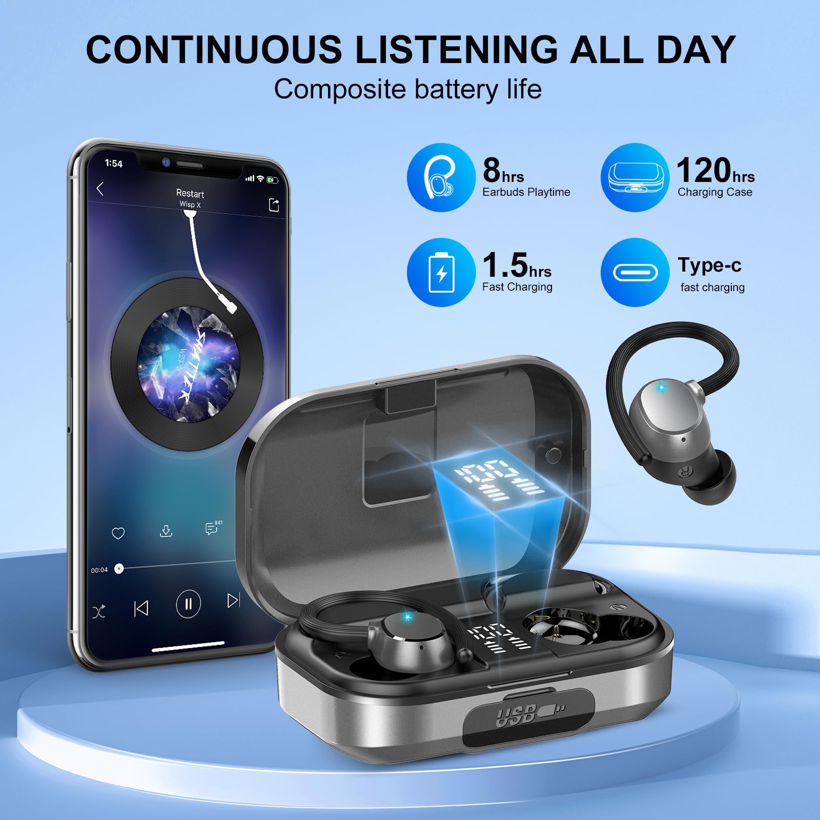 Foto 3 pulgar | Auriculares Inalámbricos Pomuic 120h Playtime Bluetooth 5.3 Ipx7 Gris - Venta Internacional