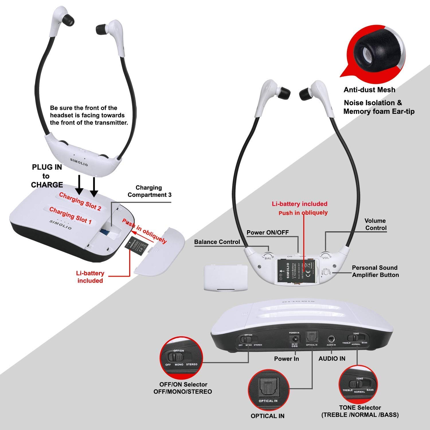 Foto 6 pulgar | Auriculares Inalámbricos Simolio 2.4g Digital Tv Con Batería De Repuesto - Venta Internacional.