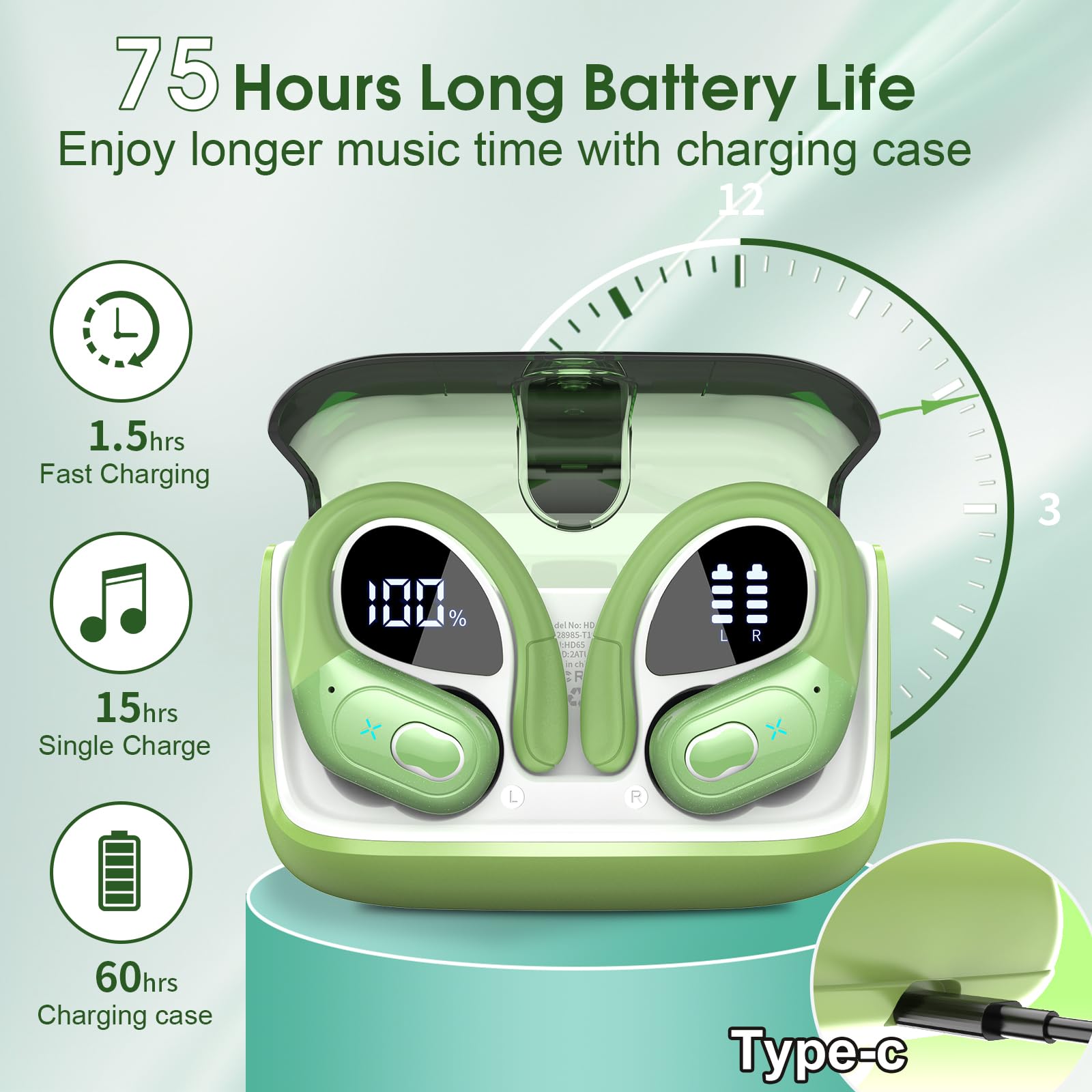 Foto 3 pulgar | Auriculares Inalámbricos Aptkdoe 75hrs Bluetooth 5.3 Auriculares Verdes - Venta Internacional.