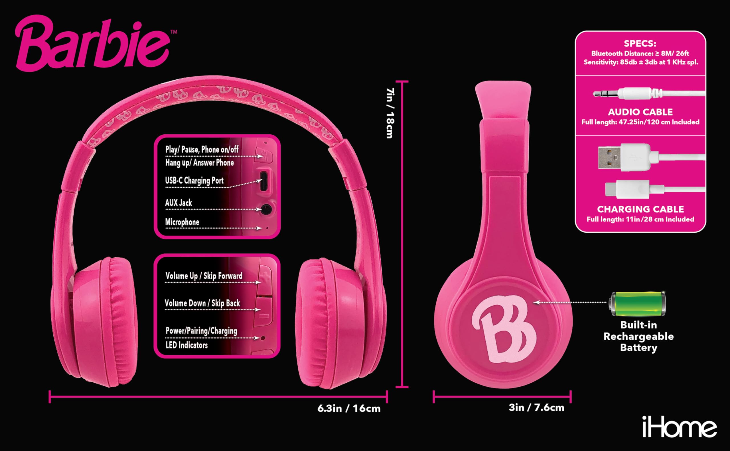 Foto 4 pulgar | Auriculares Bluetooth Ekids Barbie Pink Con Micrófono - Venta Internacional.