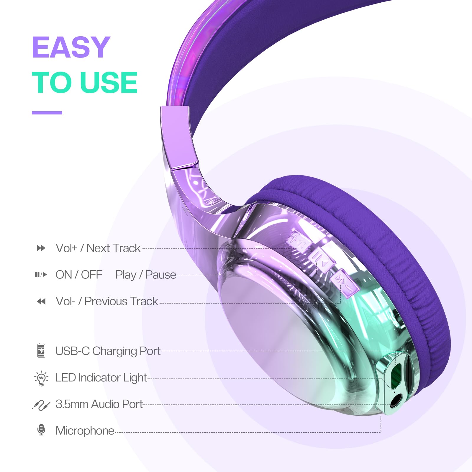 Foto 7 pulgar | Auriculares Bluetooth Qearfun Para Niños Con Micrófono Usb C 5.3 Bt - Venta Internacional.