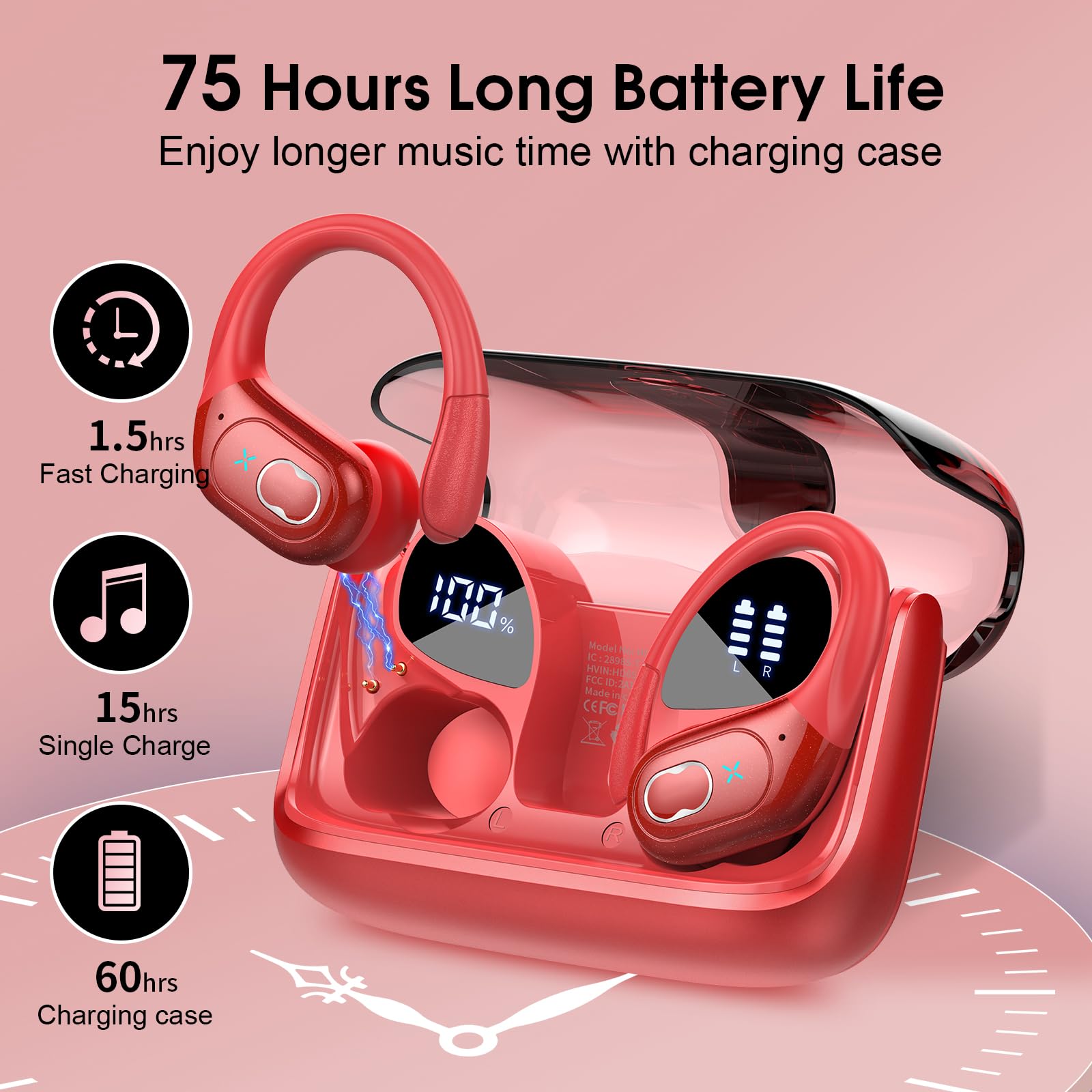 Foto 2 | Auriculares Inalámbricos Aptkdoe 75hrs Bluetooth 5.3, Color Rojo - Venta Internacional.