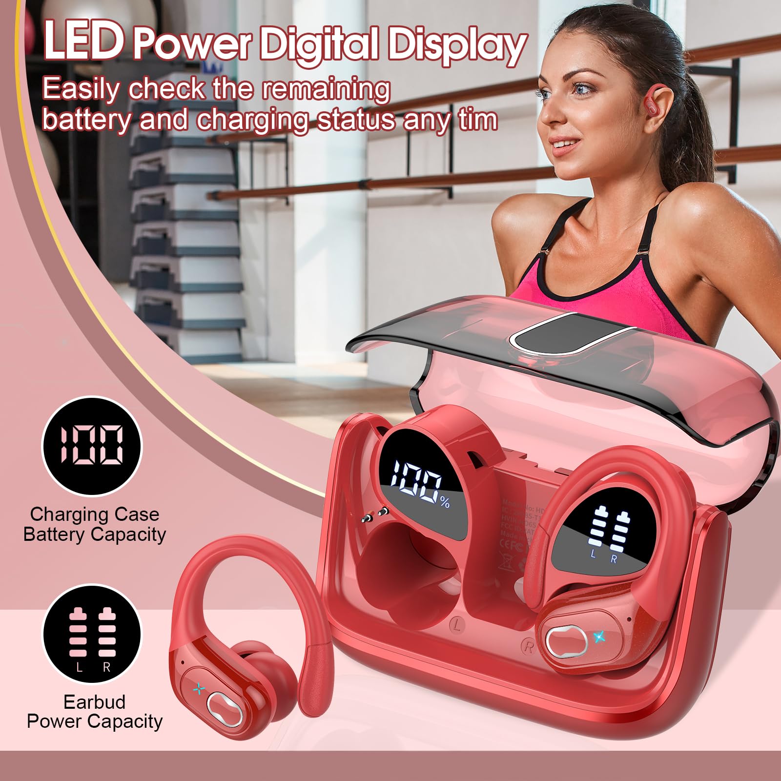 Foto 7 pulgar | Auriculares Inalámbricos Aptkdoe 75hrs Bluetooth 5.3, Color Rojo - Venta Internacional.