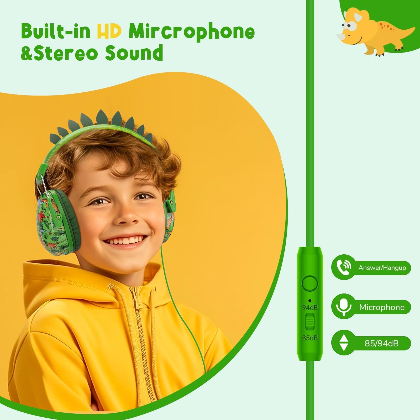 Foto 4 pulgar | Auriculares Tcjj Dinosaur Para Niños Con Micrófono Y Conector De 3,5 Mm, Color Verde - Venta Internacional.