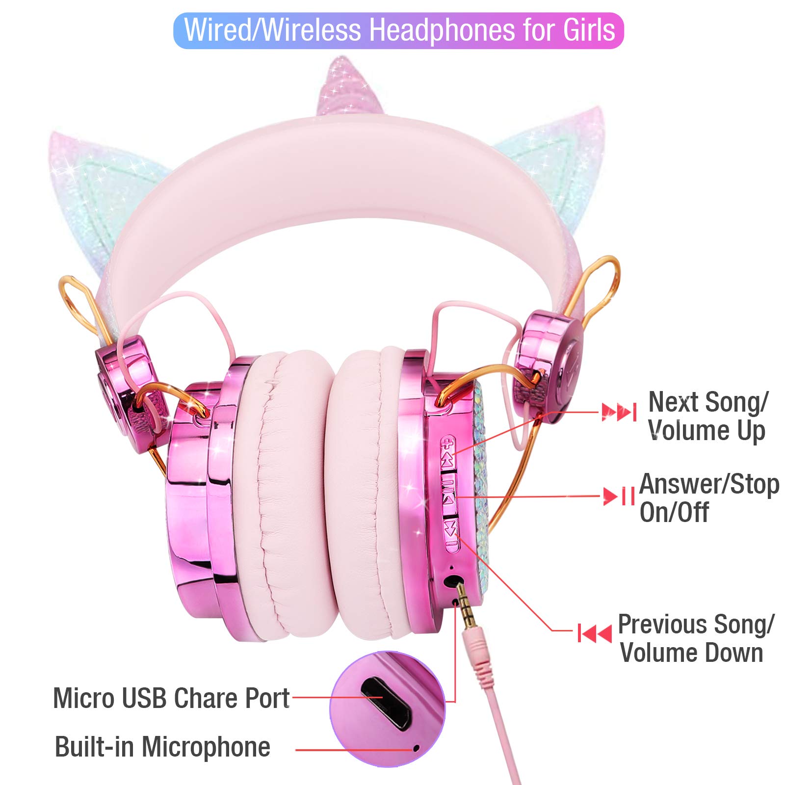 Foto 5 pulgar | Auriculares Inalámbricos Para Niños Tcjj Unicorn Con Micrófono Rosa De Más De 3 Años - Venta Internacional.