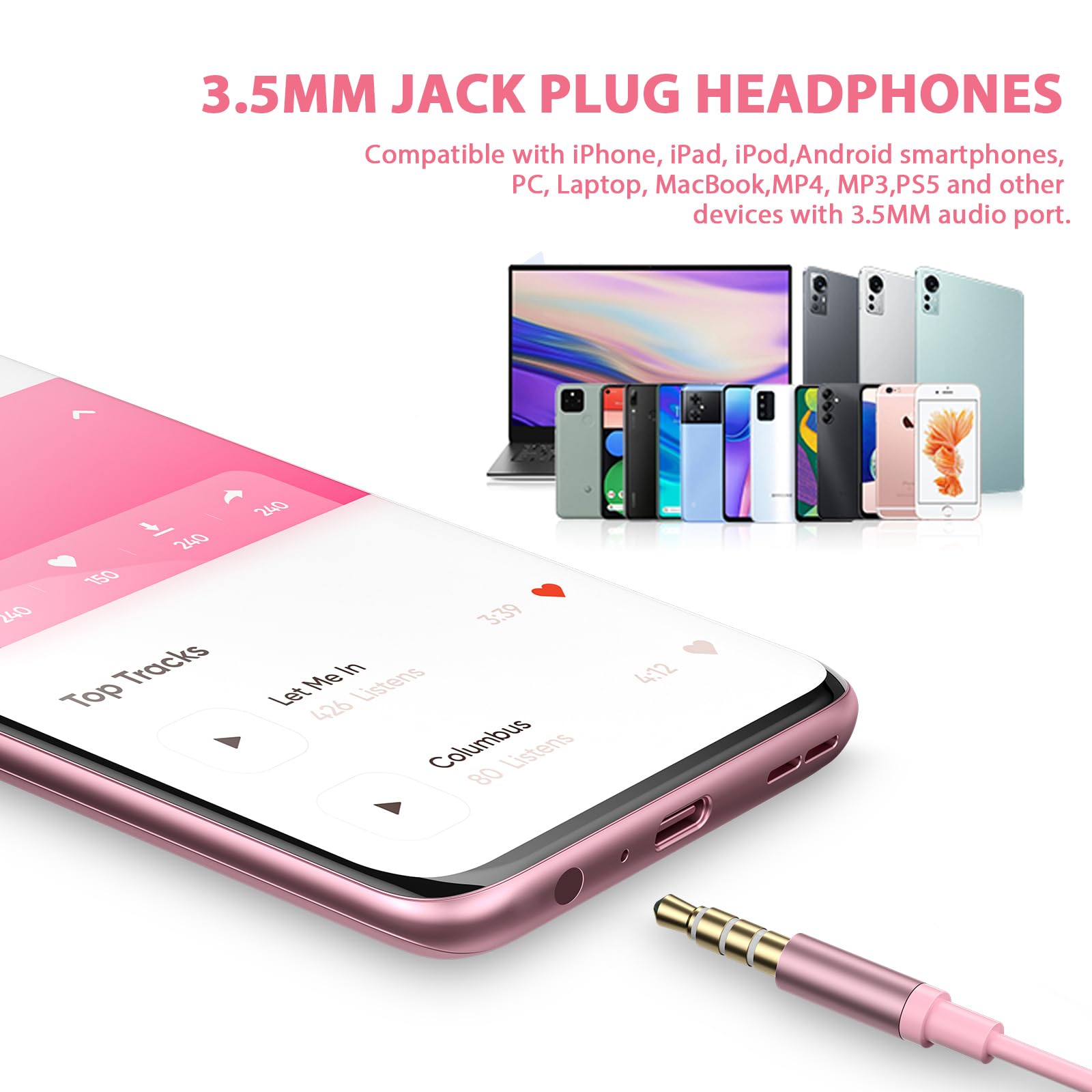 Foto 7 | Auriculares Con Cable Acaget De 3,5 Mm, Color Rosa Con Micrófono Para Iphone Ipad Ipod - Venta Internacional.