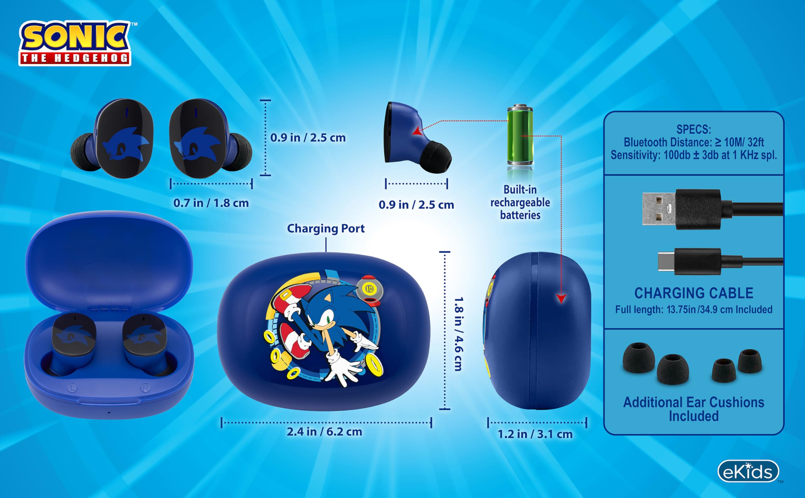 Foto 4 pulgar | Auriculares Inalámbricos Ekids Sonic The Hedgehog Con Micrófono - Venta Internacional.