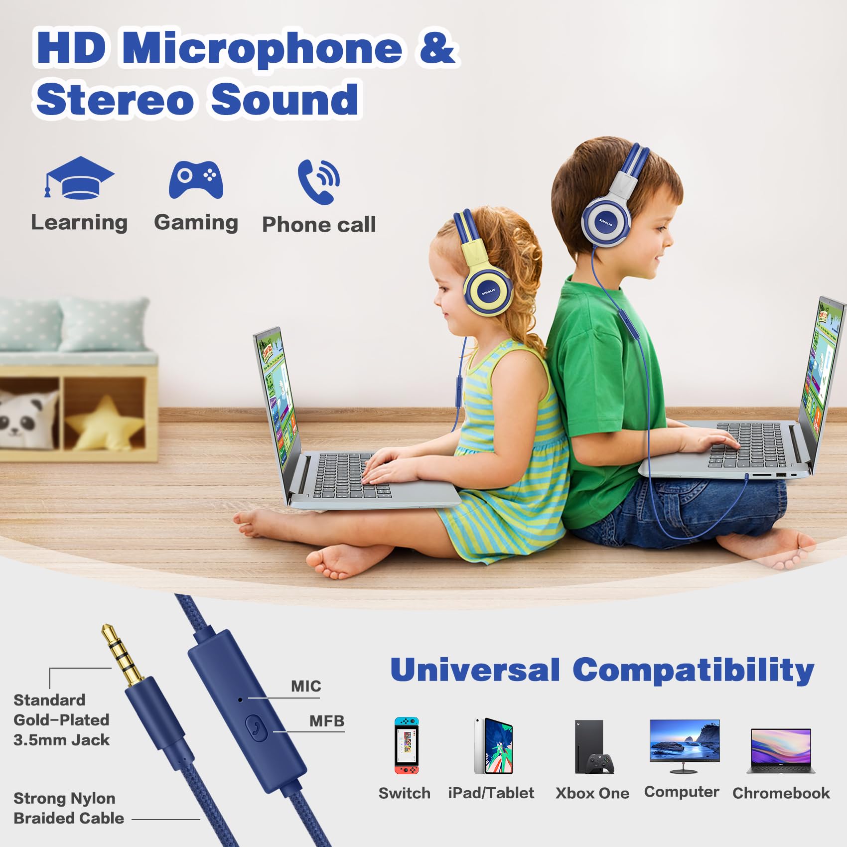Foto 5 | Auriculares Simolio Kids Con Micrófono De Volumen Limitado, Color Amarillo - Venta Internacional.