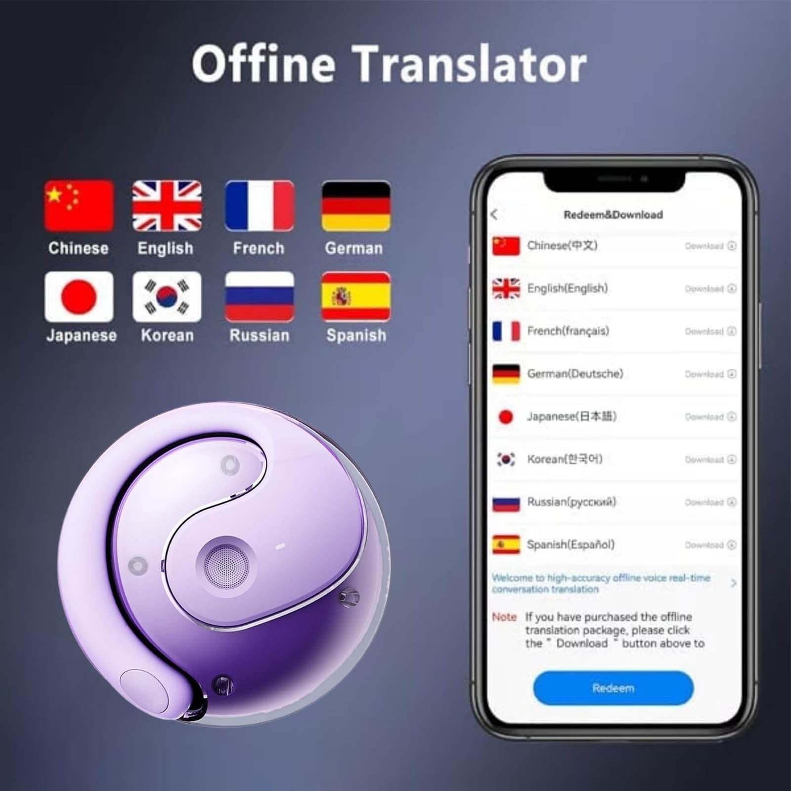 Foto 6 pulgar | Auriculares De Traducción Para Traductores De Idiomas Bluetooth 5.4, Color Morado - Venta Internacional.