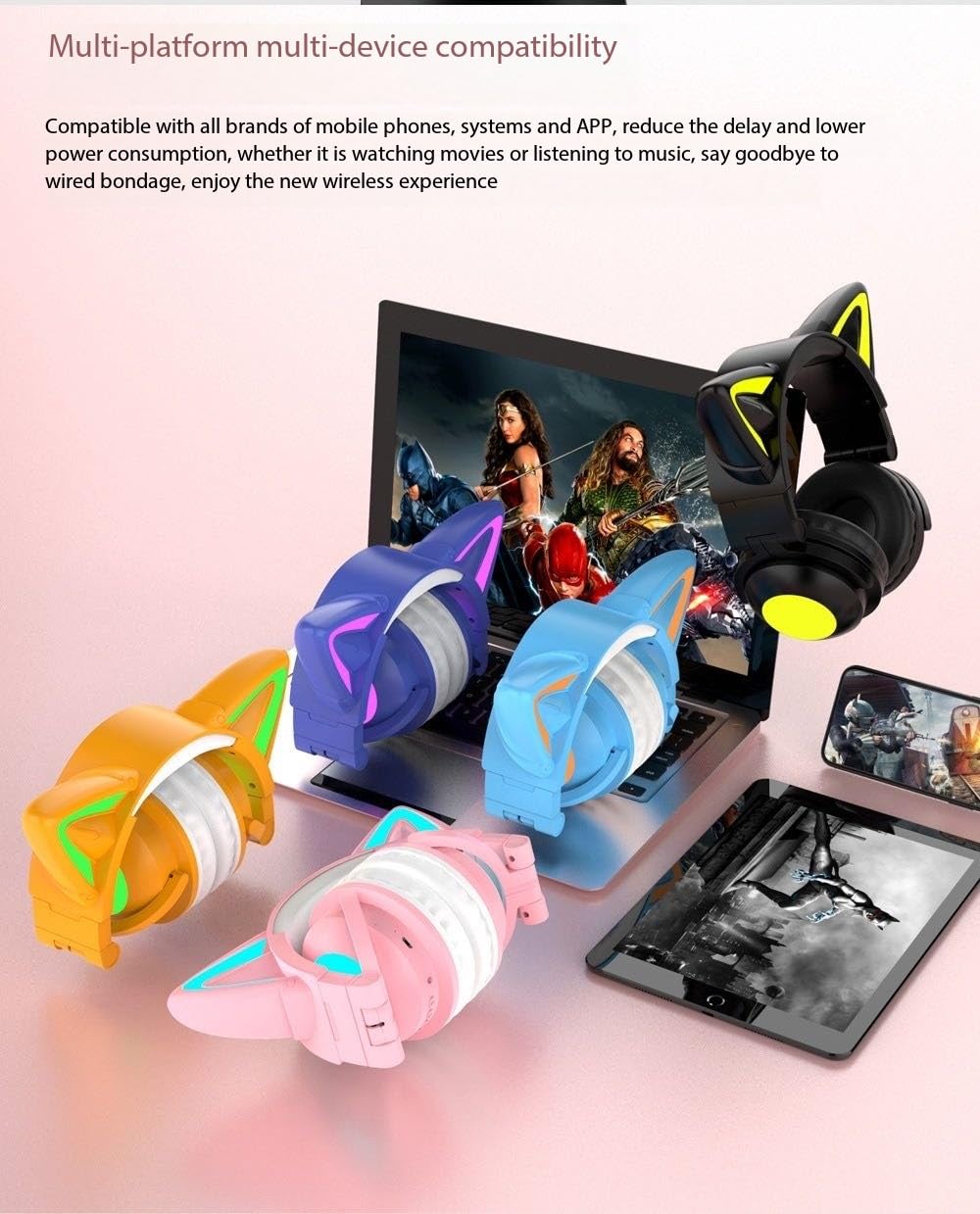 Foto 3 pulgar | Auriculares Bluetooth Con Bonitas Orejas De Gato Con Dibujos Animados Rgb, Color Amarillo Claro - Venta Internacional.