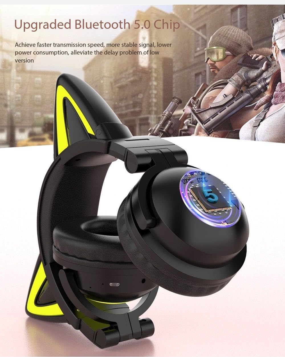 Foto 5 pulgar | Auriculares Bluetooth Con Bonitas Orejas De Gato Con Dibujos Animados Rgb, Color Amarillo Claro - Venta Internacional.