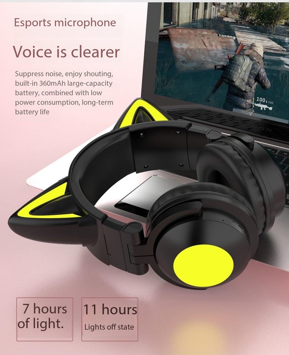 Foto 6 pulgar | Auriculares Bluetooth Con Bonitas Orejas De Gato Con Dibujos Animados Rgb, Color Amarillo Claro - Venta Internacional.