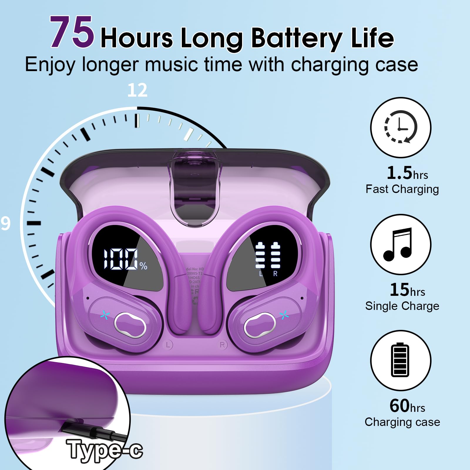 Foto 7 pulgar | Auriculares Inalámbricos Aptkdoe 75hrs Bluetooth 5.4, Color Morado - Venta Internacional.