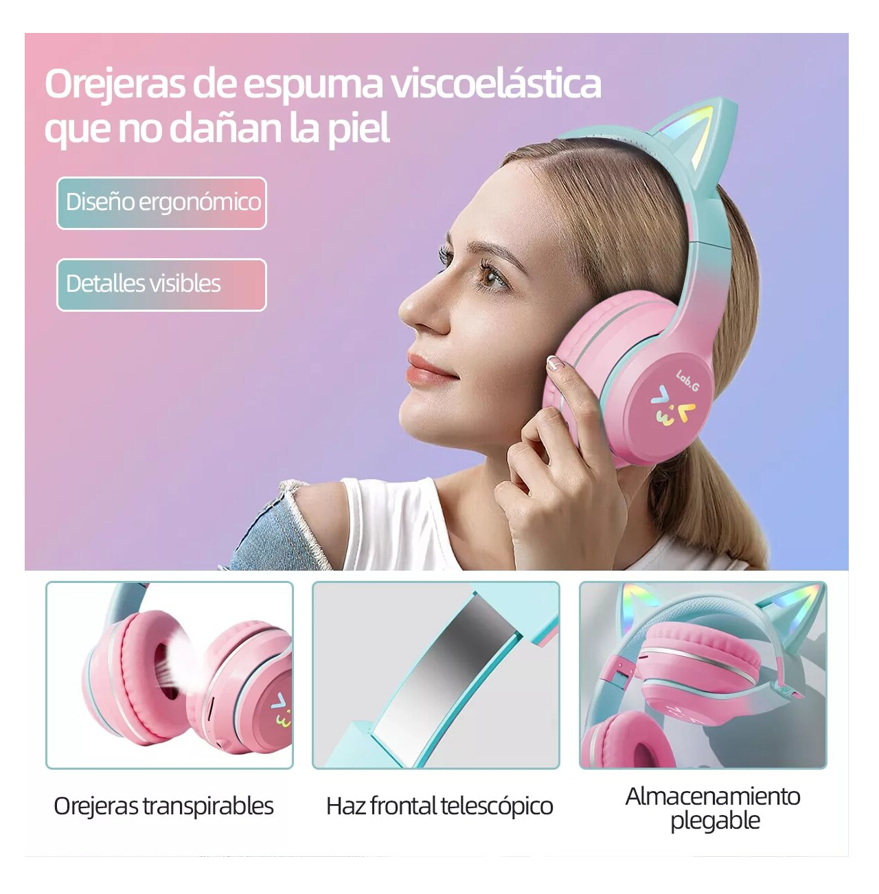 Foto 4 pulgar | Audifonos Orejas De Gato Bluetooths Inalambricos Diadema Niños, Rosa