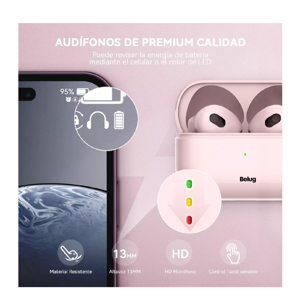 Foto 4 pulgar | Audífonos Inalámbricos Mini Micrófono Para Ios Android Bt5.3 Rosa Belug