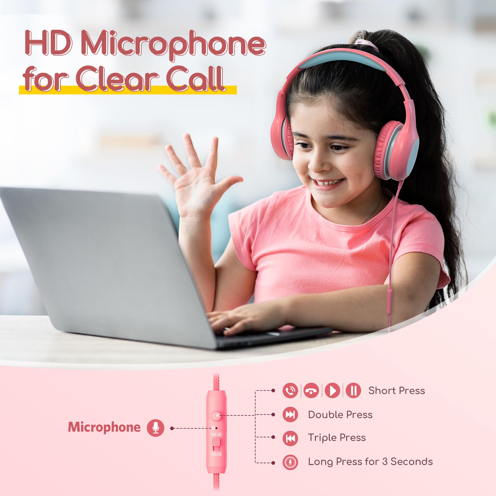 Foto 3 pulgar | Auriculares Earfun Kids Con Cable Y Micrófono 85/94db Rosa - Venta Internacional.