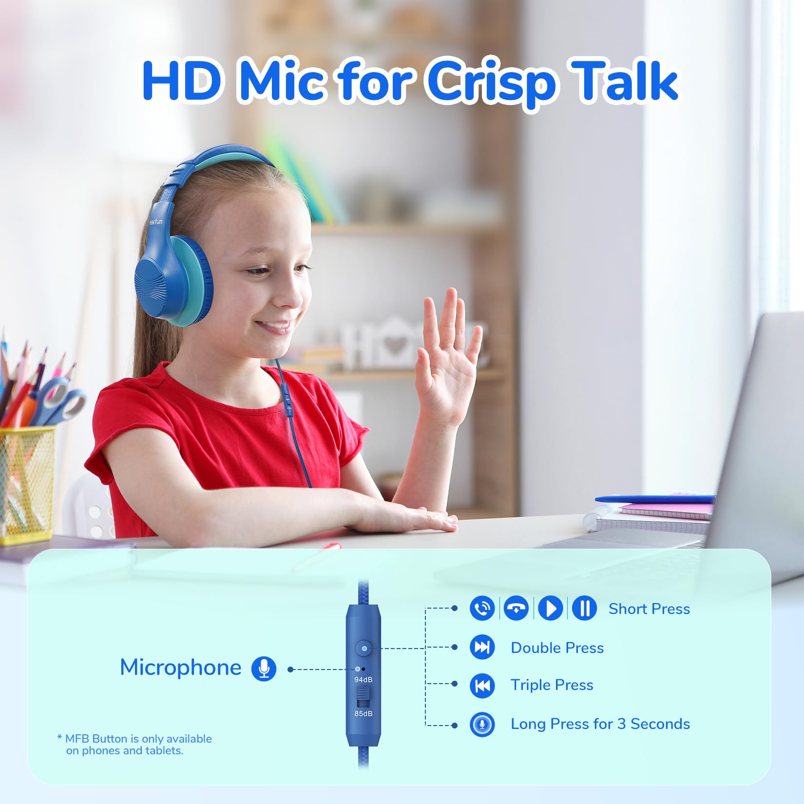 Foto 4 pulgar | Auriculares Earfun K3 Kids Over Ear Con Micrófono 85/94 Db, Color Azul - Venta Internacional.