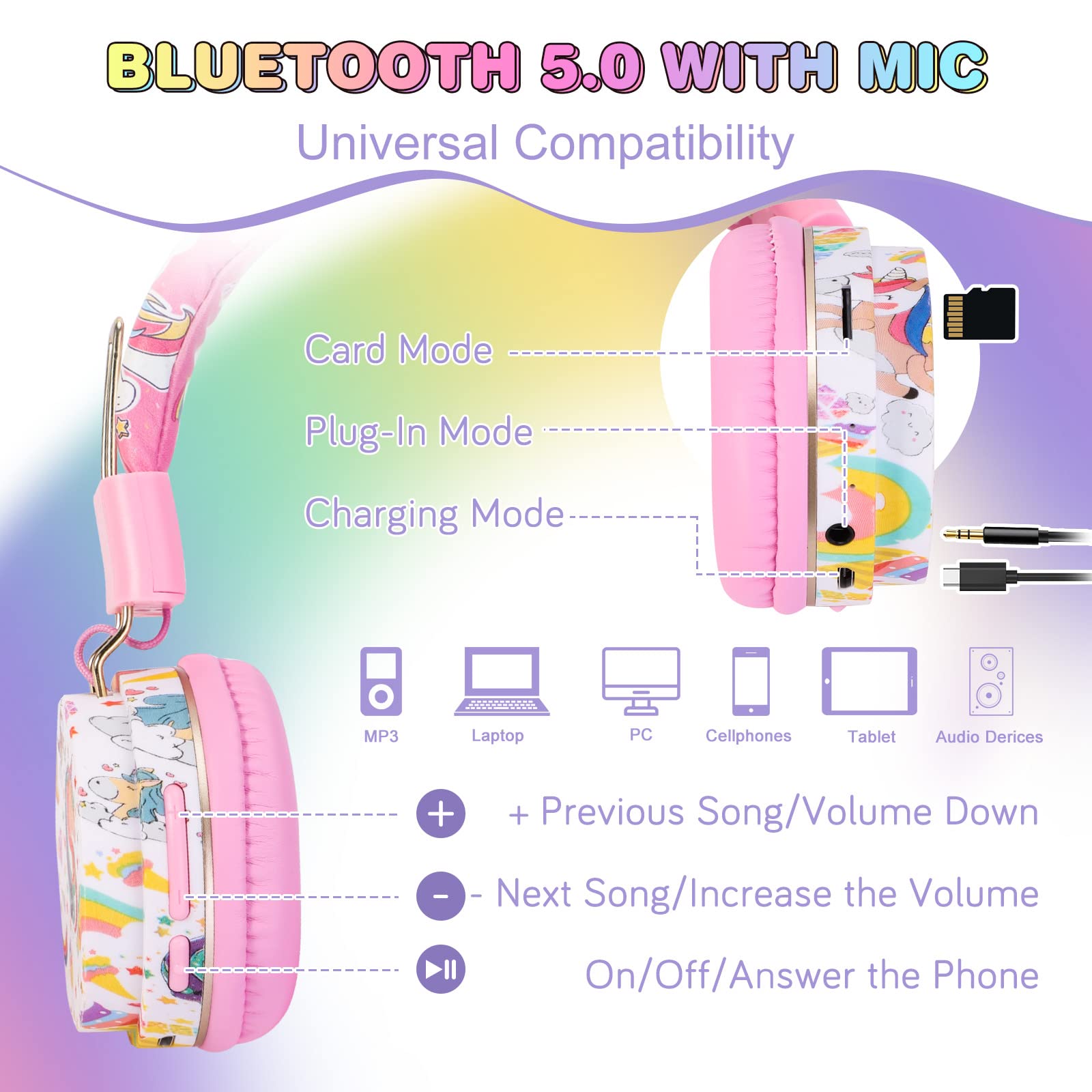 Foto 4 pulgar | Auriculares Qearfun Unicorn Para Niñas Y Niños Con Micrófono Bluetooth - Venta Internacional.