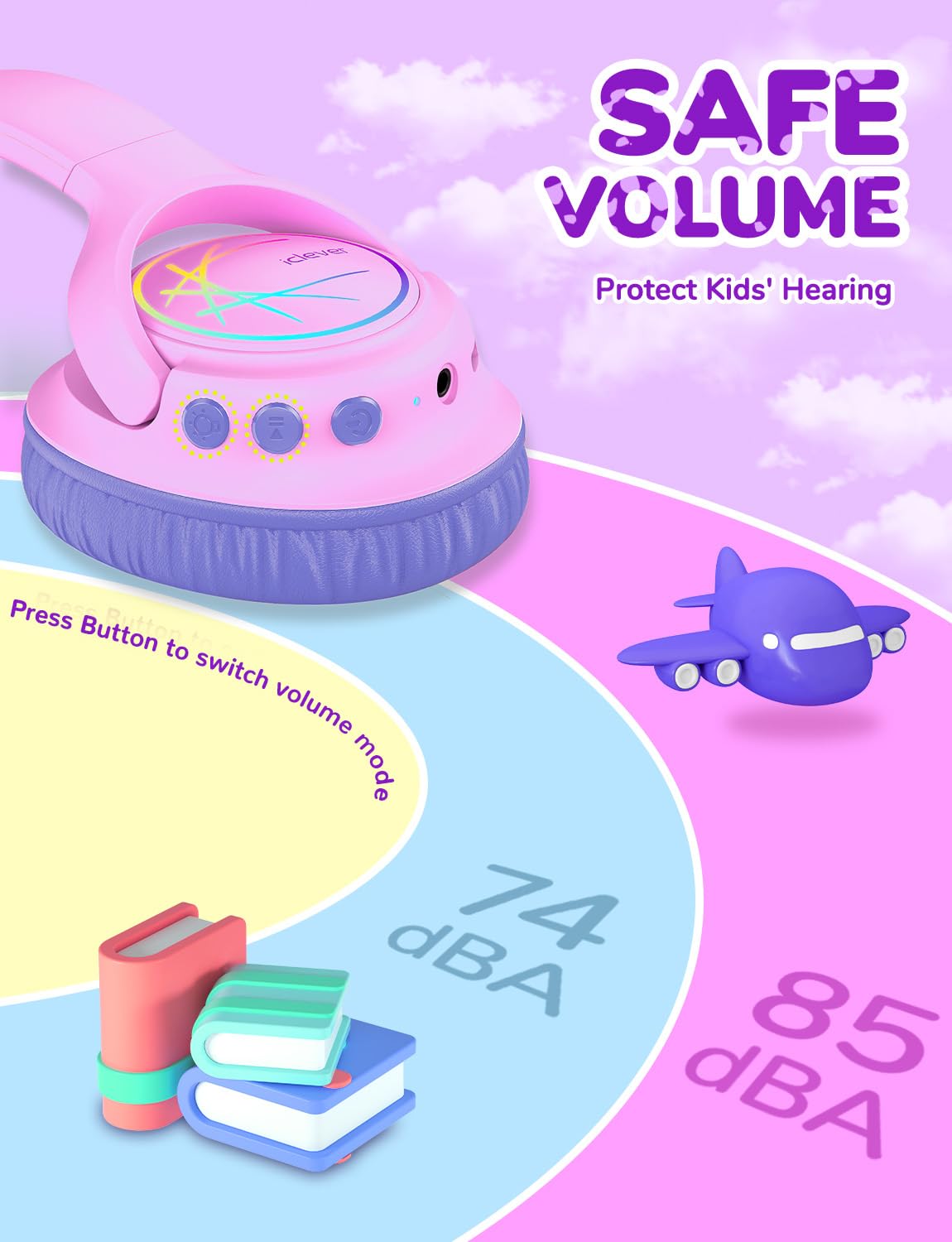 Foto 2 | Auriculares Bluetooth Iclever Bth18 Para Niños Con Luces Led 43h, Color Rosa Y Azul - Venta Internacional.