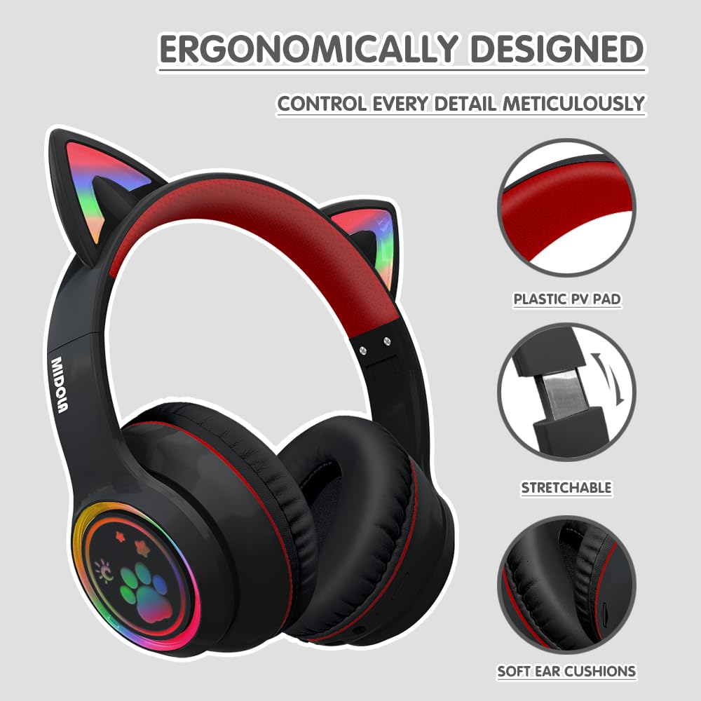 Foto 3 pulgar | Auriculares Midola Cat Ear Bluetooth 5.3 Inalámbricos 60h Negros - Venta Internacional.